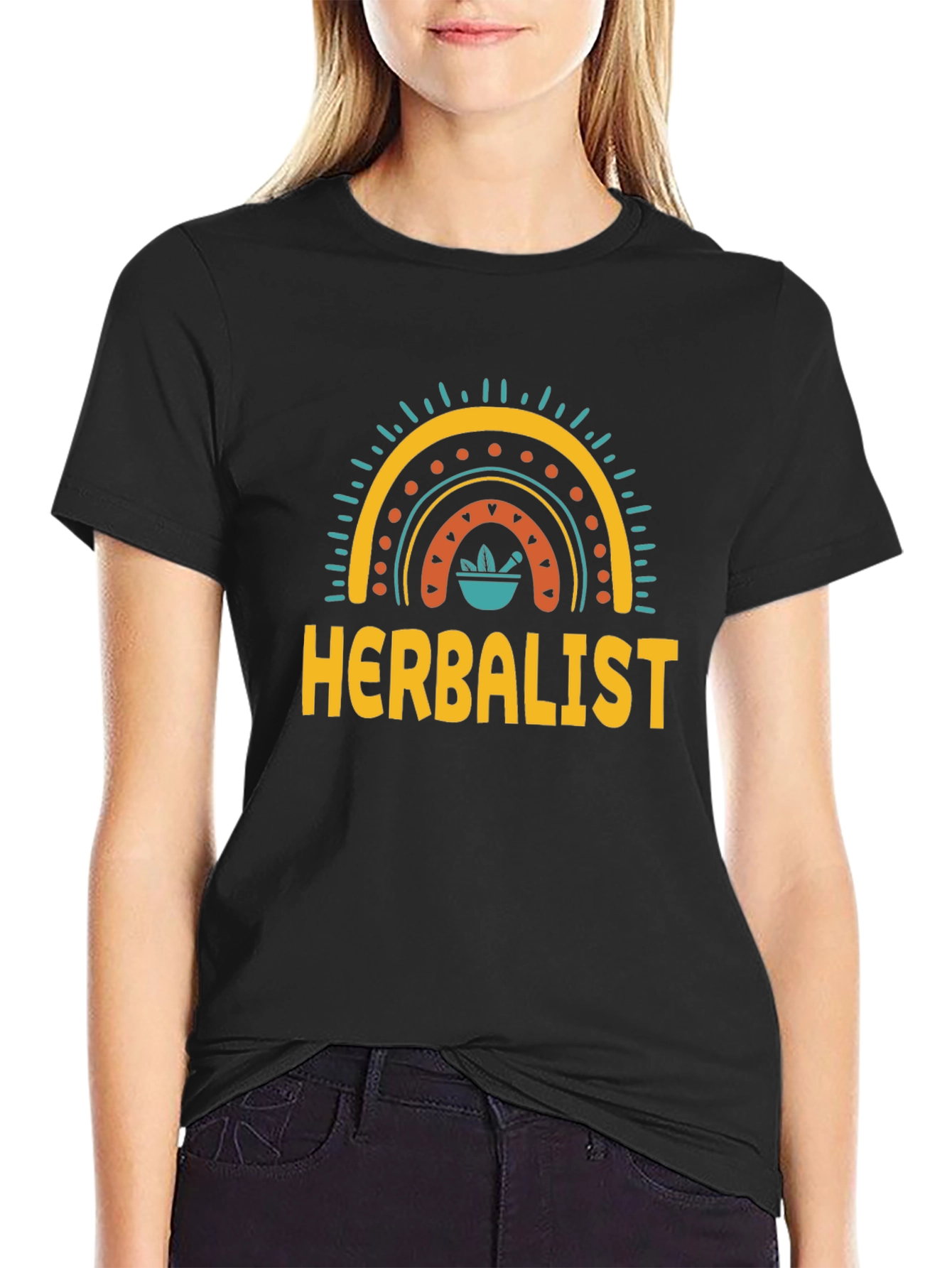 Black Herbalist T-Shirt with Rainbow Mortar Design - Black view 2