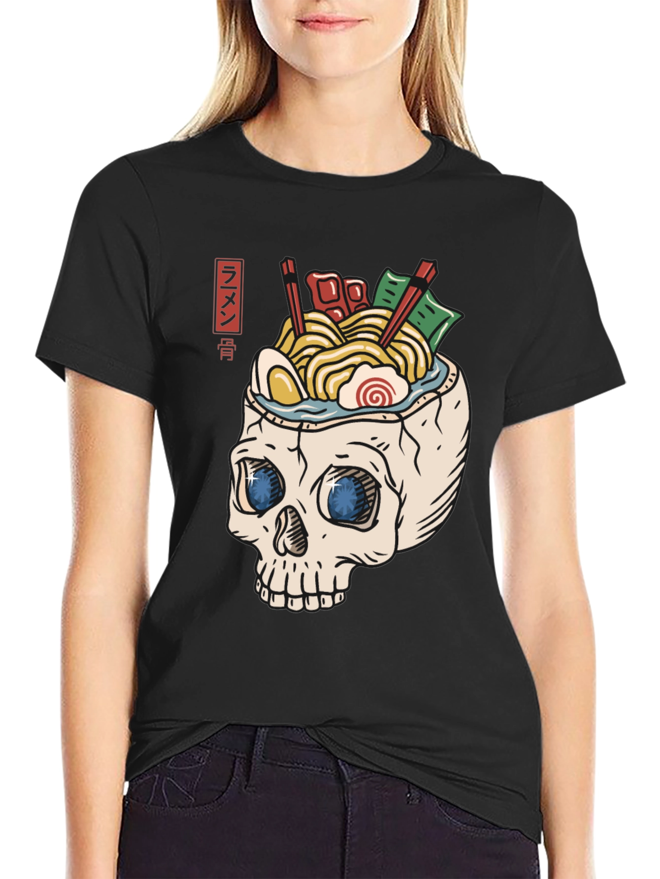 Black Ramen Skull T-Shirt - Unique Graphic Tee view 2