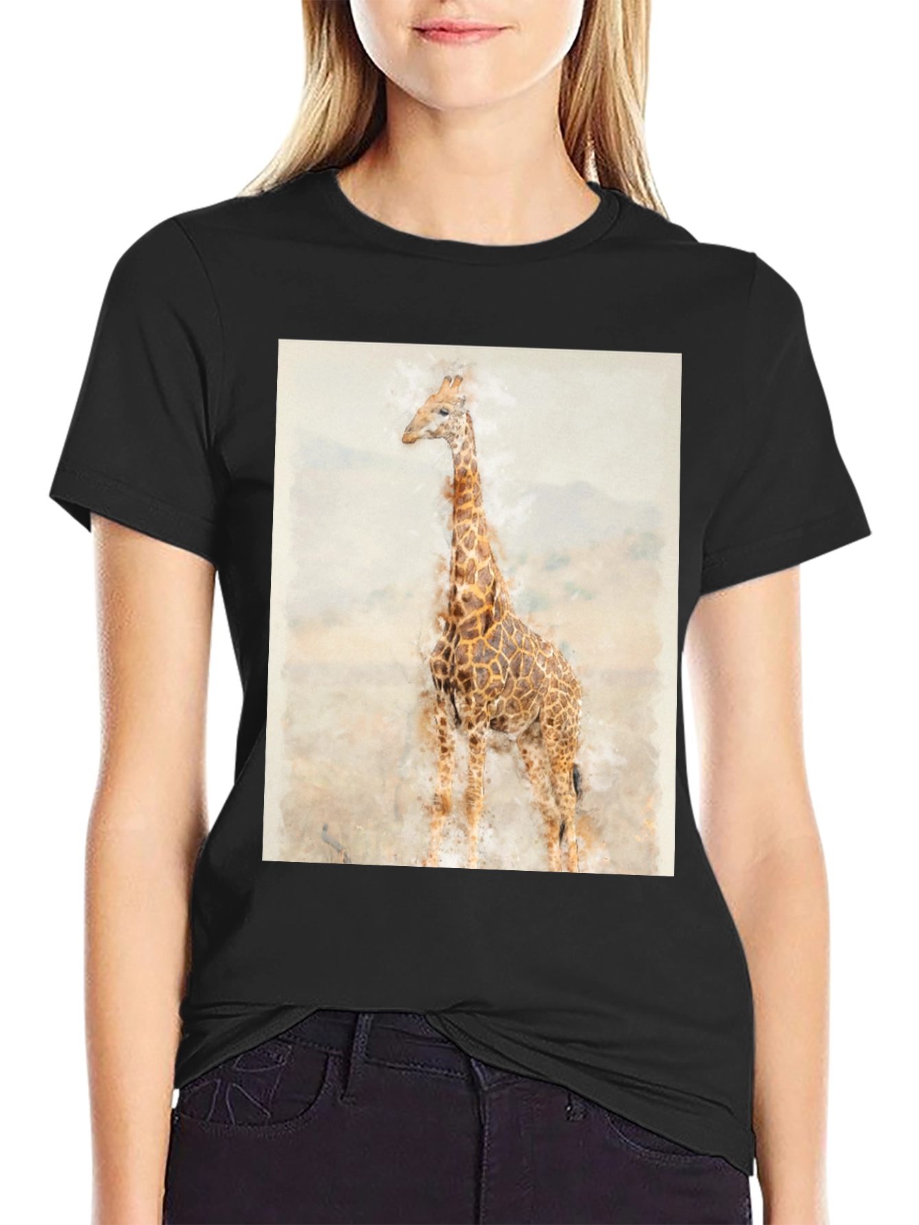 Black Watercolor Giraffe Graphic Tee - Black view 2