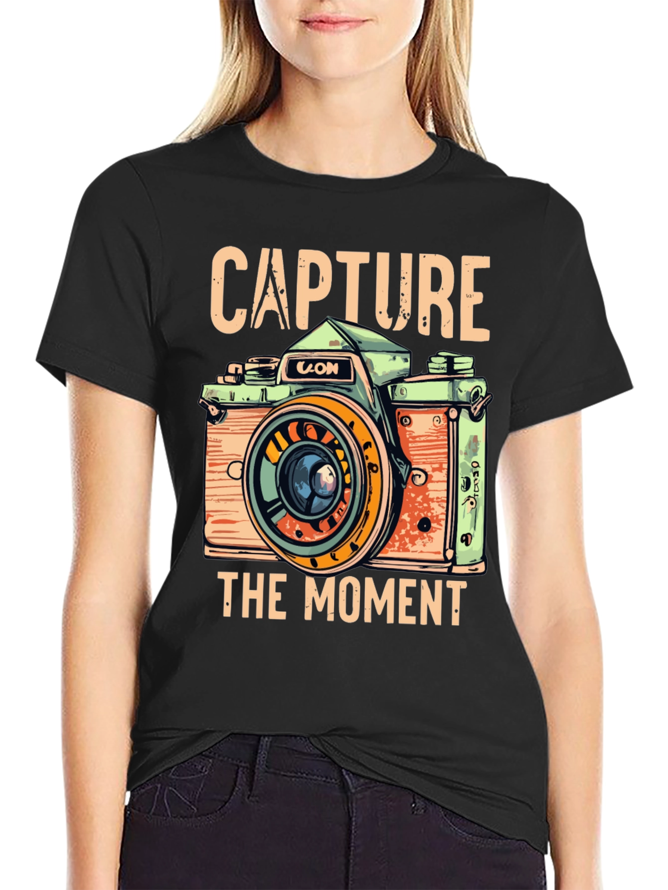 Black Capture the Moment Retro Camera Graphic T-Shirt view 2
