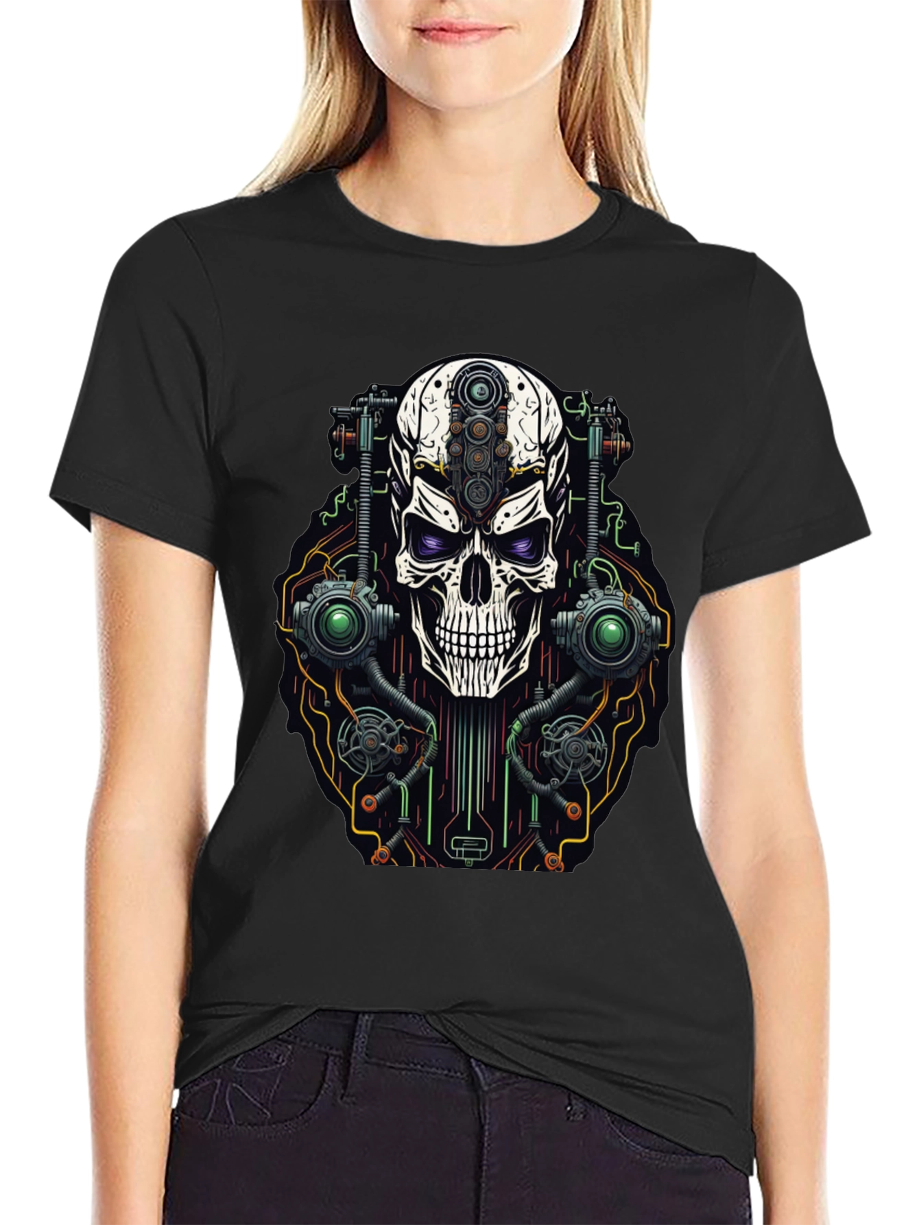 Black Cyberpunk Skull Graphic T-Shirt view 2