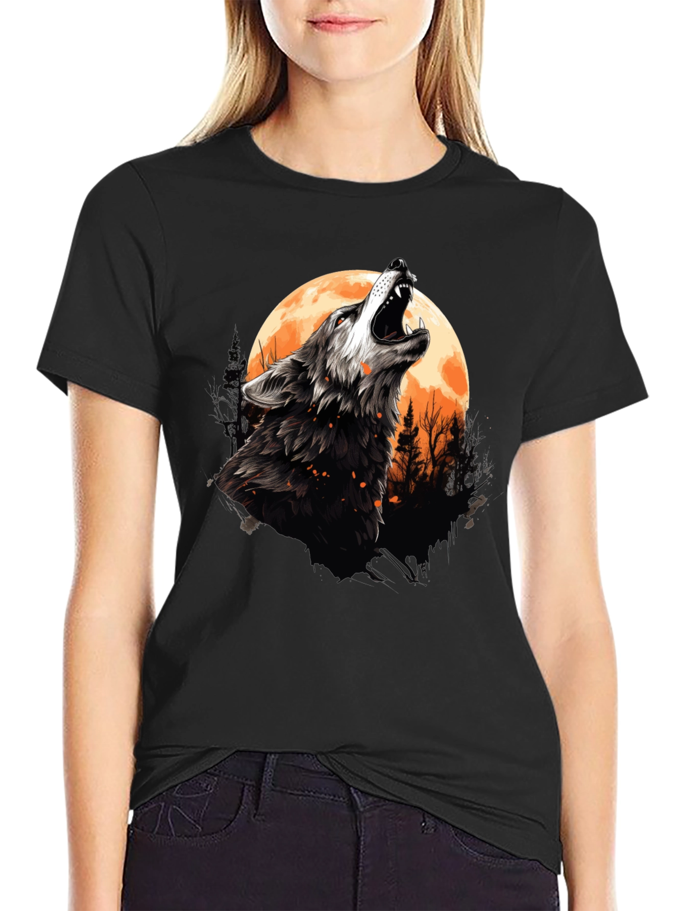 Black Wolf Howling at Moon Graphic Tee - Black Cotton view 2