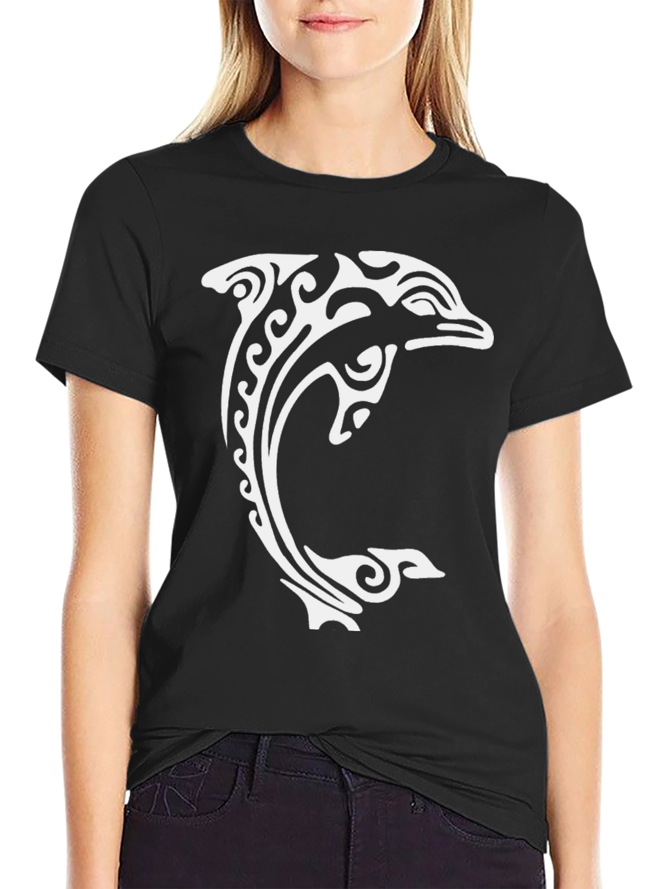 Black Tribal Dolphin Graphic Tee - Black Cotton Comfort view 2