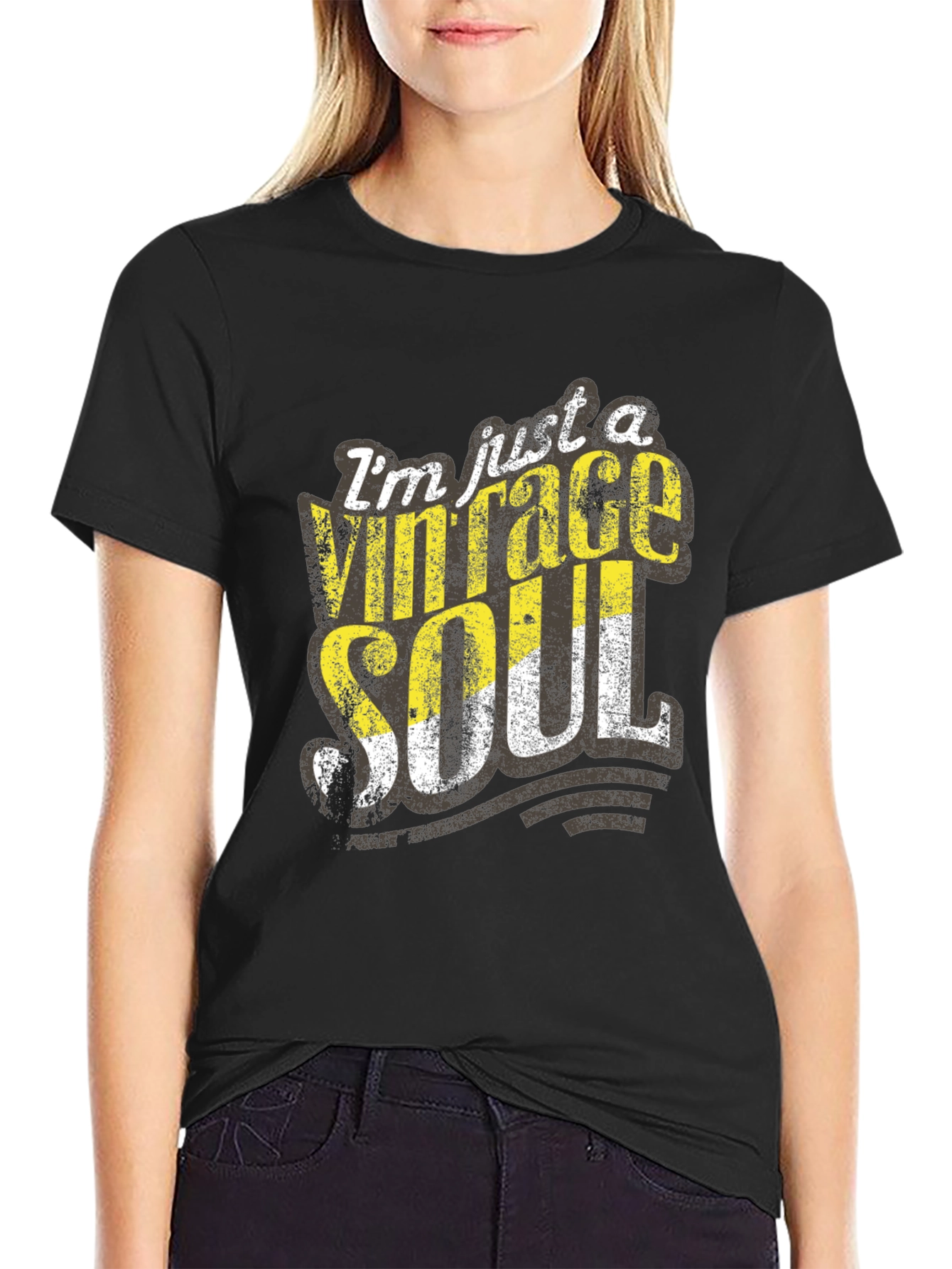 Black Vintage Soul Graphic Tee - Distressed Print, Casual Black T-Shirt view 2