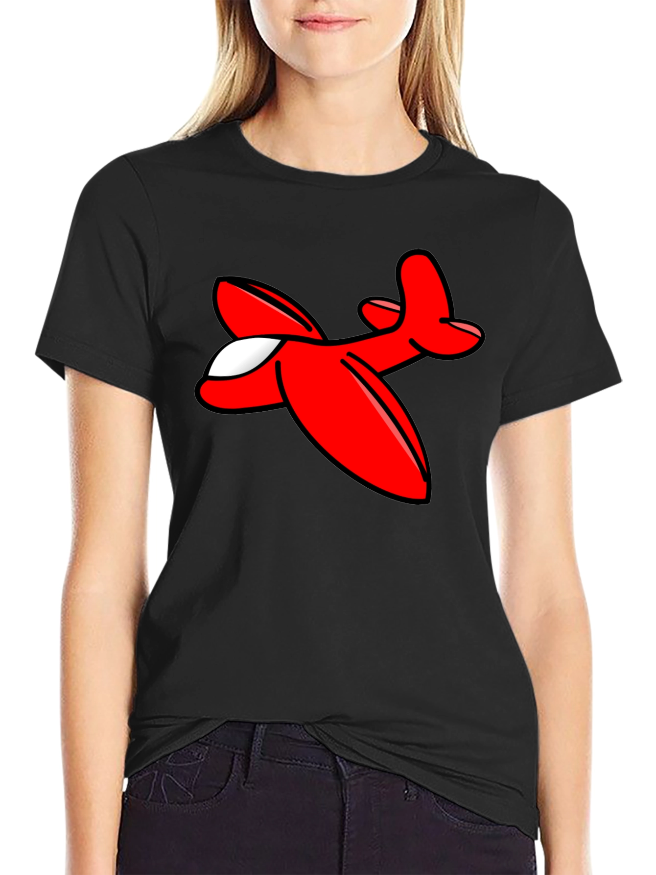 Cartoon Airplane Graphic Tee - Black Cotton T-Shirt - 2