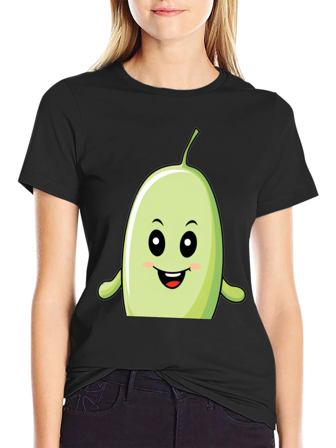 Black Funny Bean Cartoon Graphic Black T-Shirt view 2