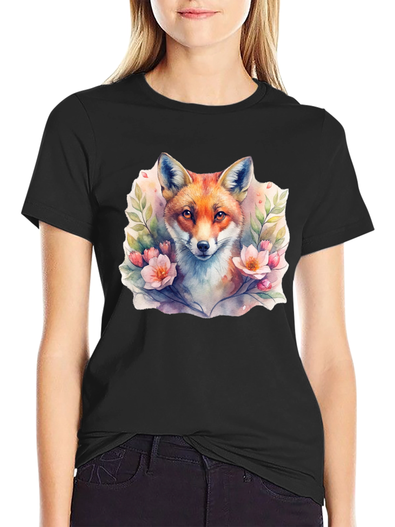 Black Fox Floral Watercolor Graphic Tee - Unisex Black T-Shirt view 2