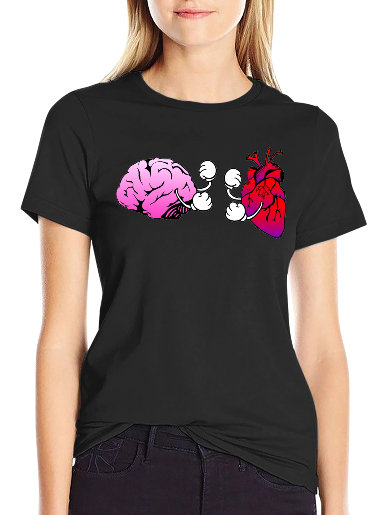 Black Brain vs. Heart Graphic Tee - Black Cotton T-Shirt view 2