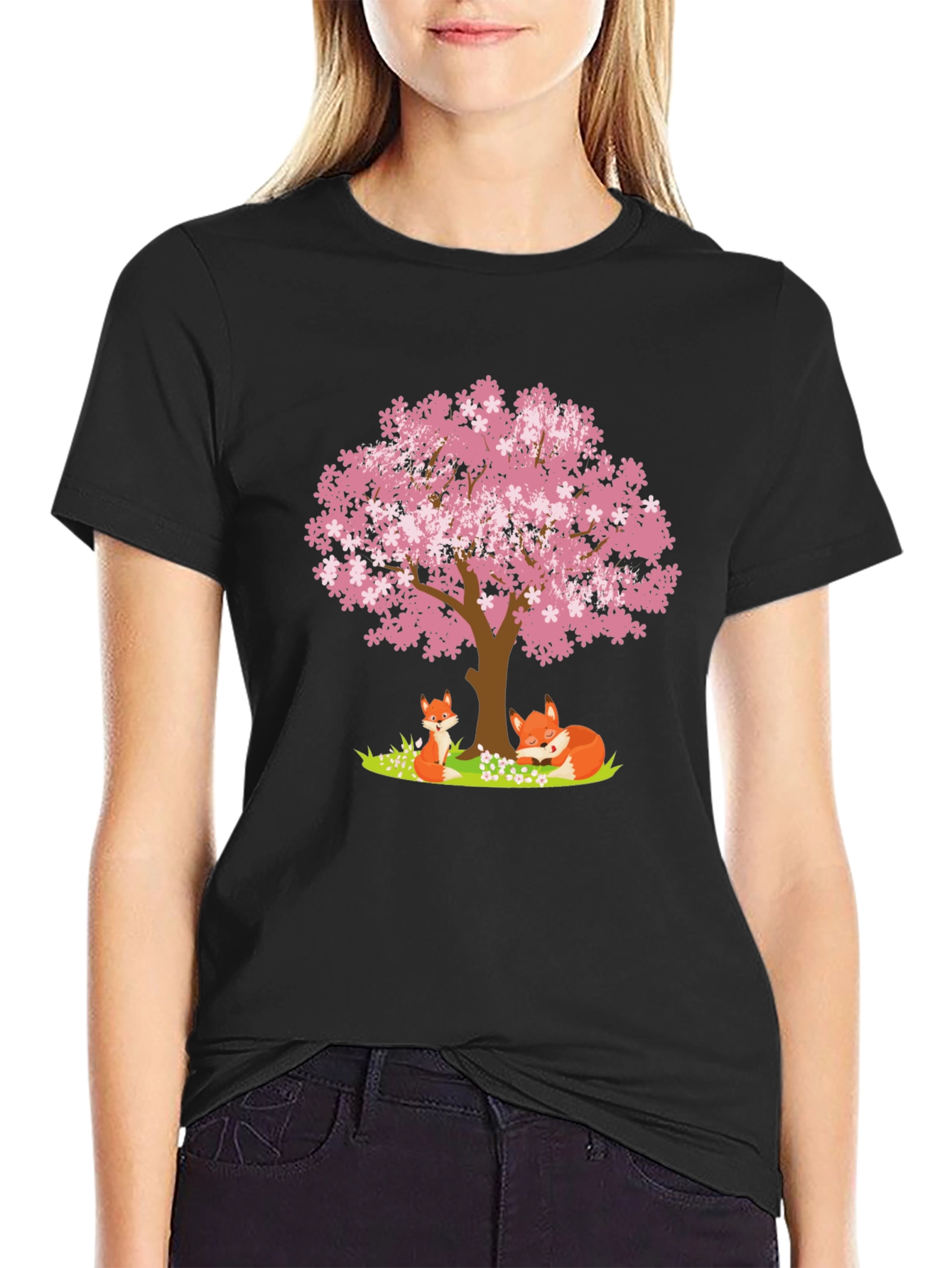 Black Fox & Cherry Blossom Tree Graphic Tee view 2