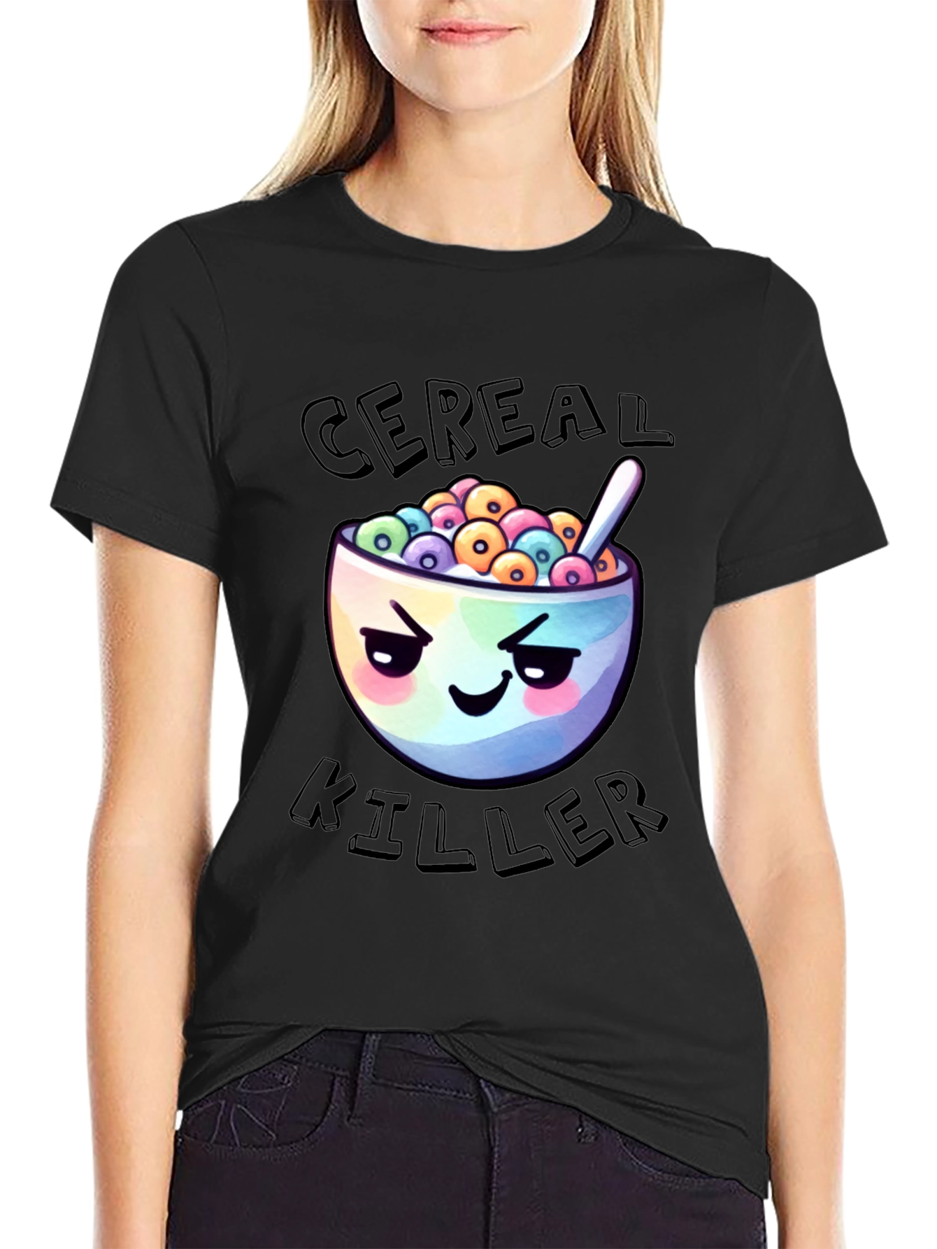 Black Cereal Killer Graphic T-Shirt - Funny Cartoon Tee view 2