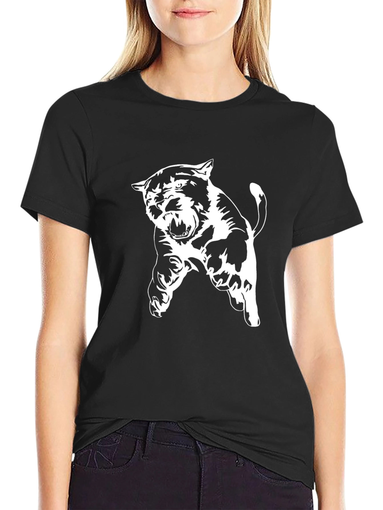 Black Black T-Shirt with Bold White Panther Design view 2