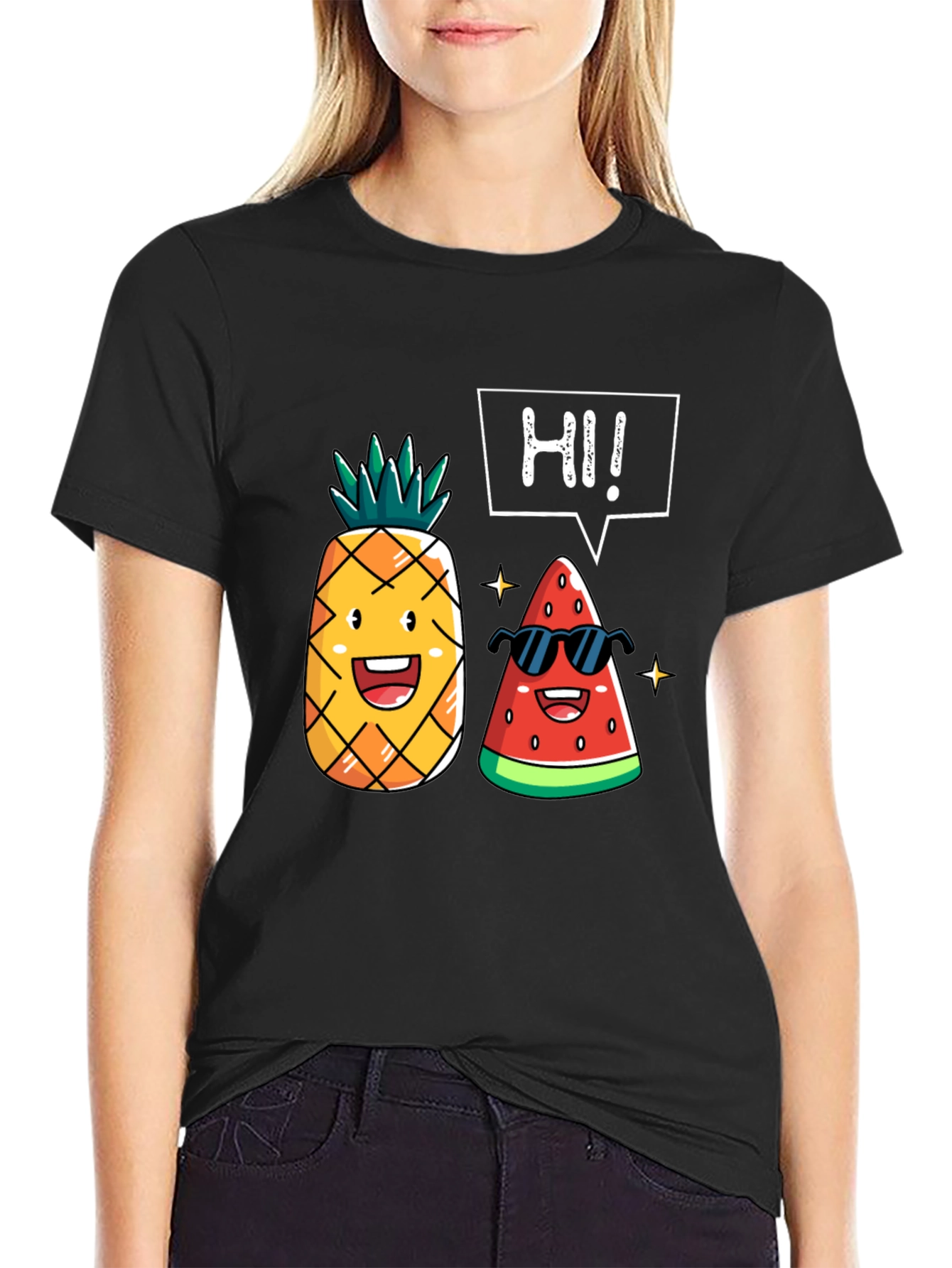 Black Funny Fruit T-Shirt: Pineapple & Watermelon Graphic Tee view 2