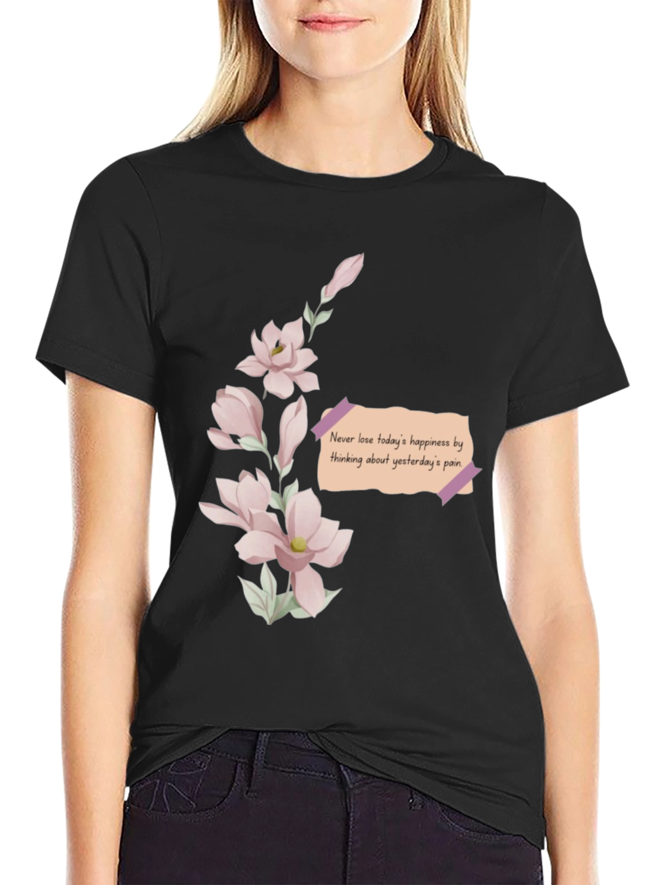 Black Floral Reminder T-Shirt - Never Lose Happiness view 2
