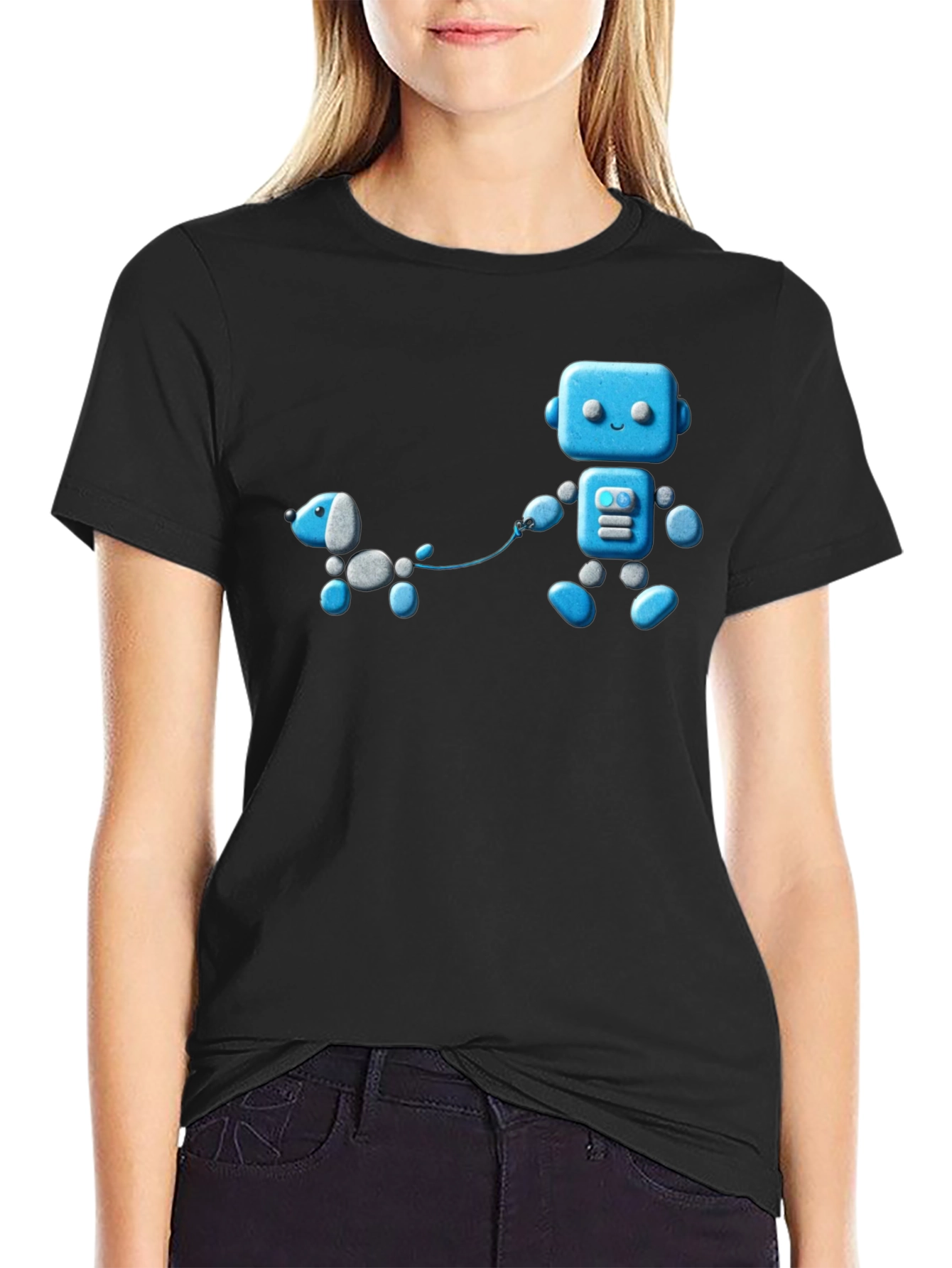 Black Robot and Dog Graphic T-Shirt - Unisex Black Tee view 2