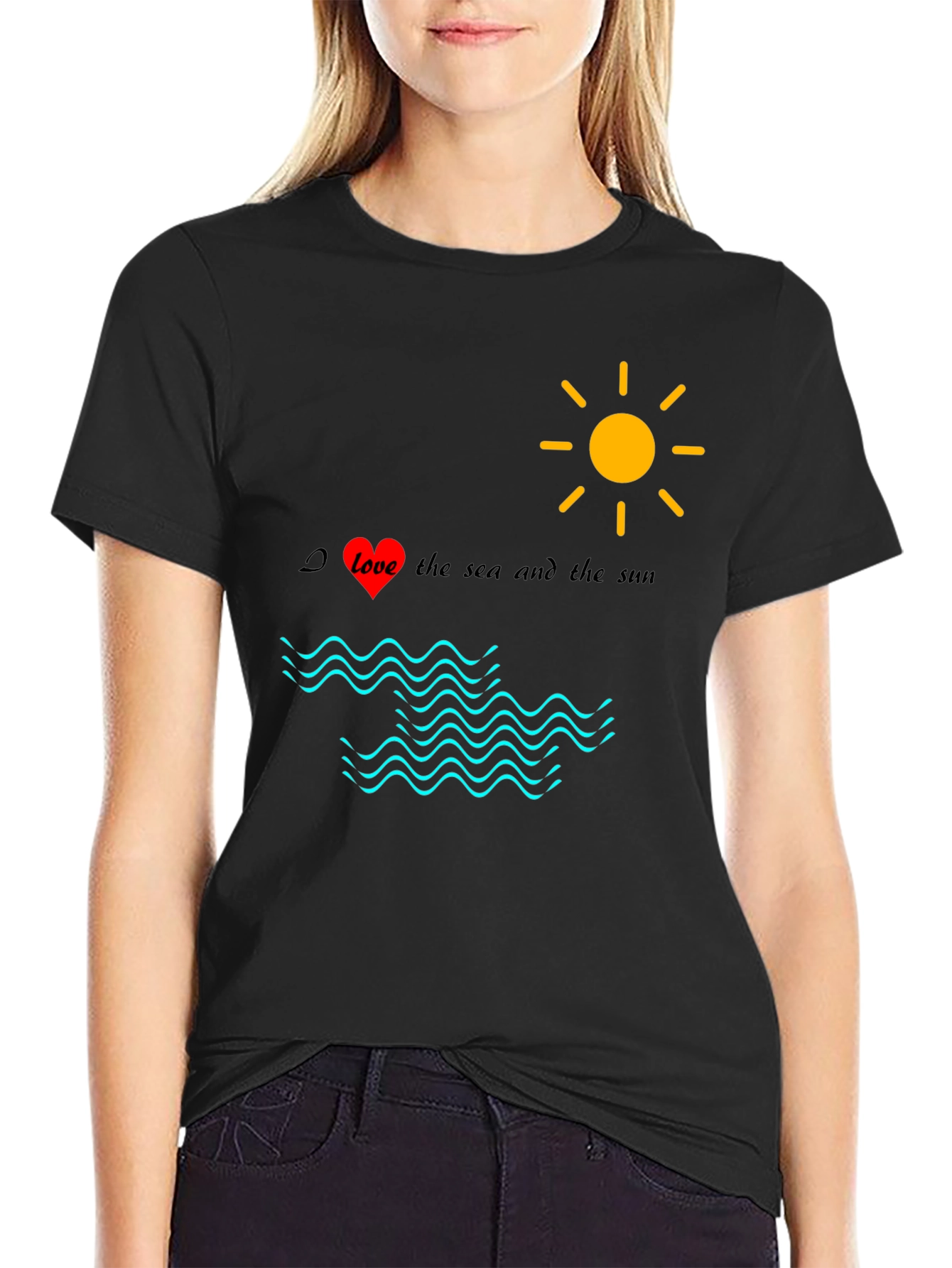 Black Love Sea Sun Graphic Tee, Black Cotton Shirt view 2