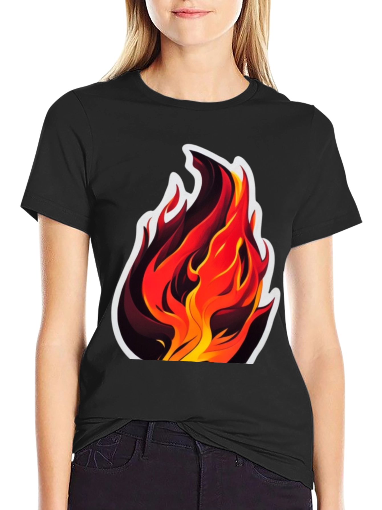 Black Fiery Flames Graphic Tee - Bold Black Cotton T-Shirt view 2