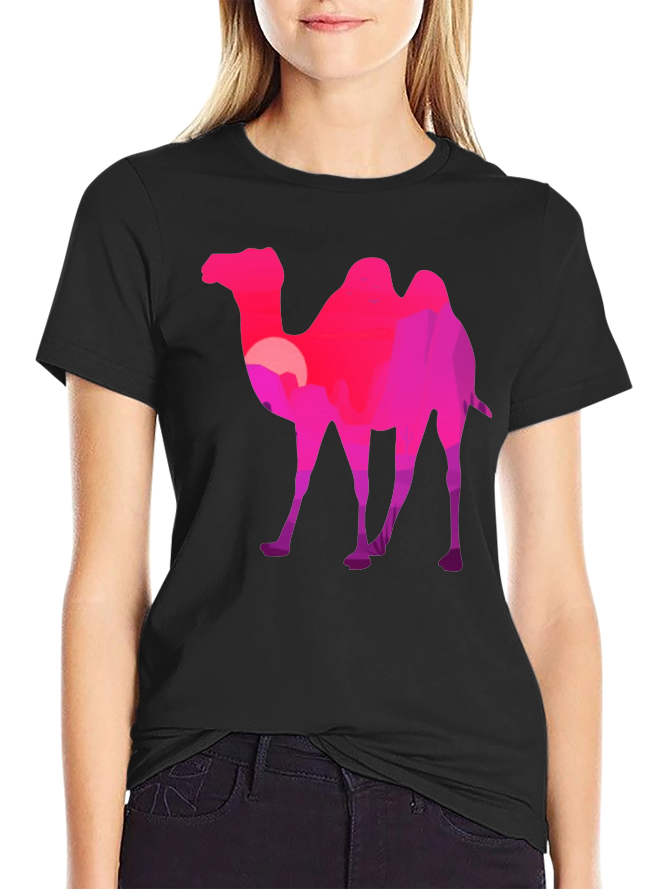 Black Camel Silhouette T-Shirt - Desert Sunset Graphic Tee view 2