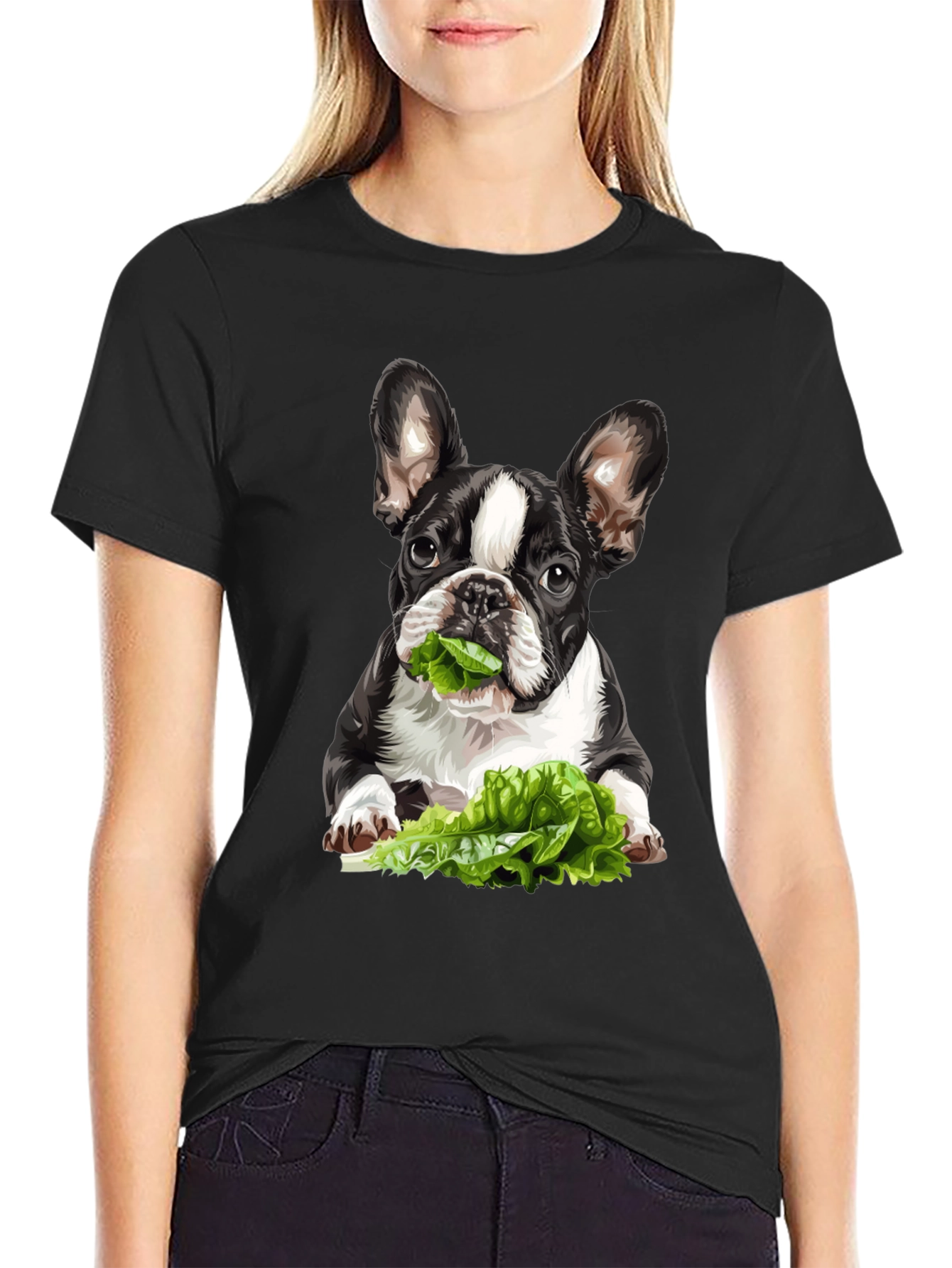 Black Dog Eating Lettuce Graphic Tee - Casual Cotton T-Shirt view 2
