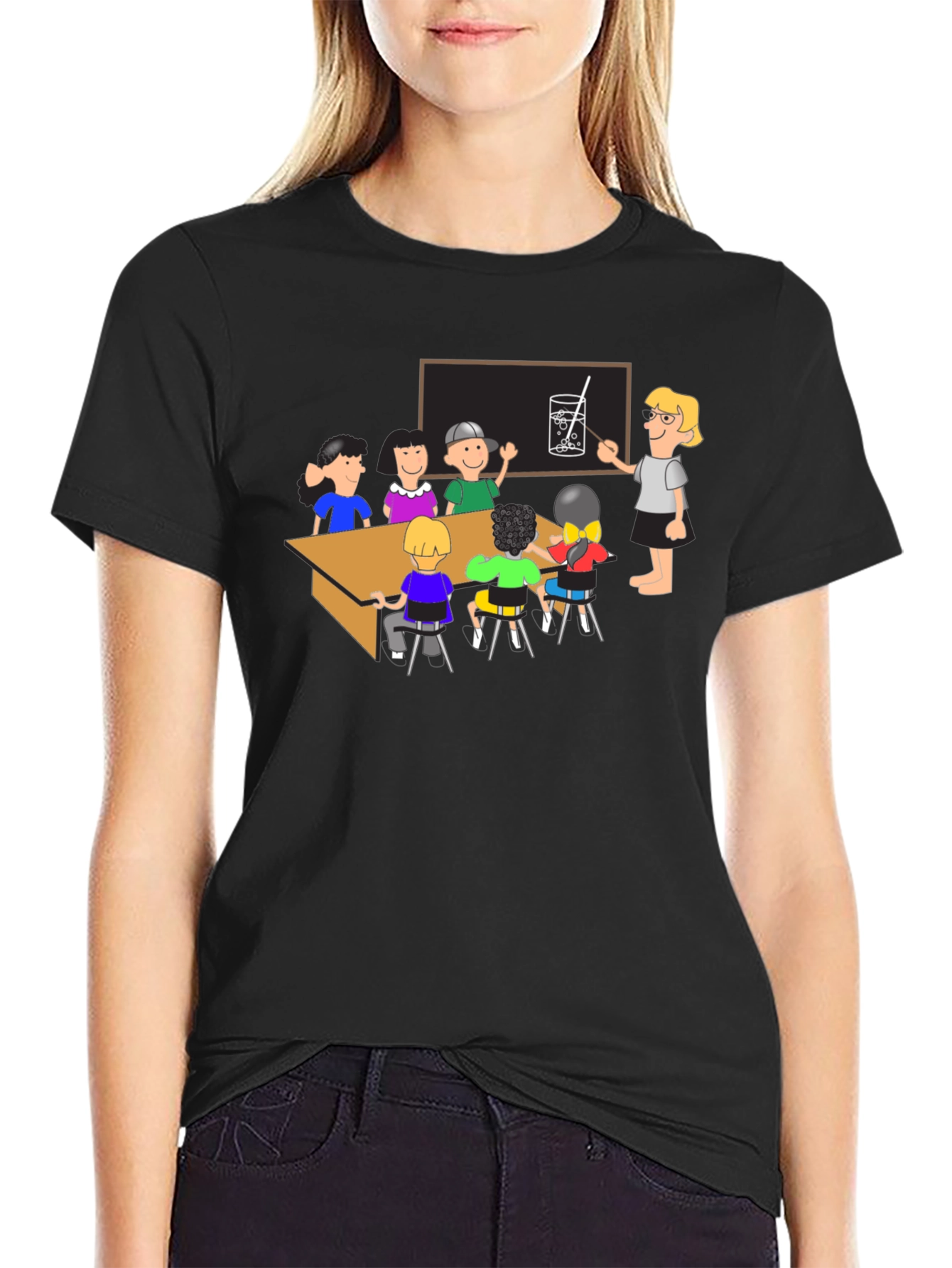 Black Cartoon School Kids Print Black T-Shirt view 2