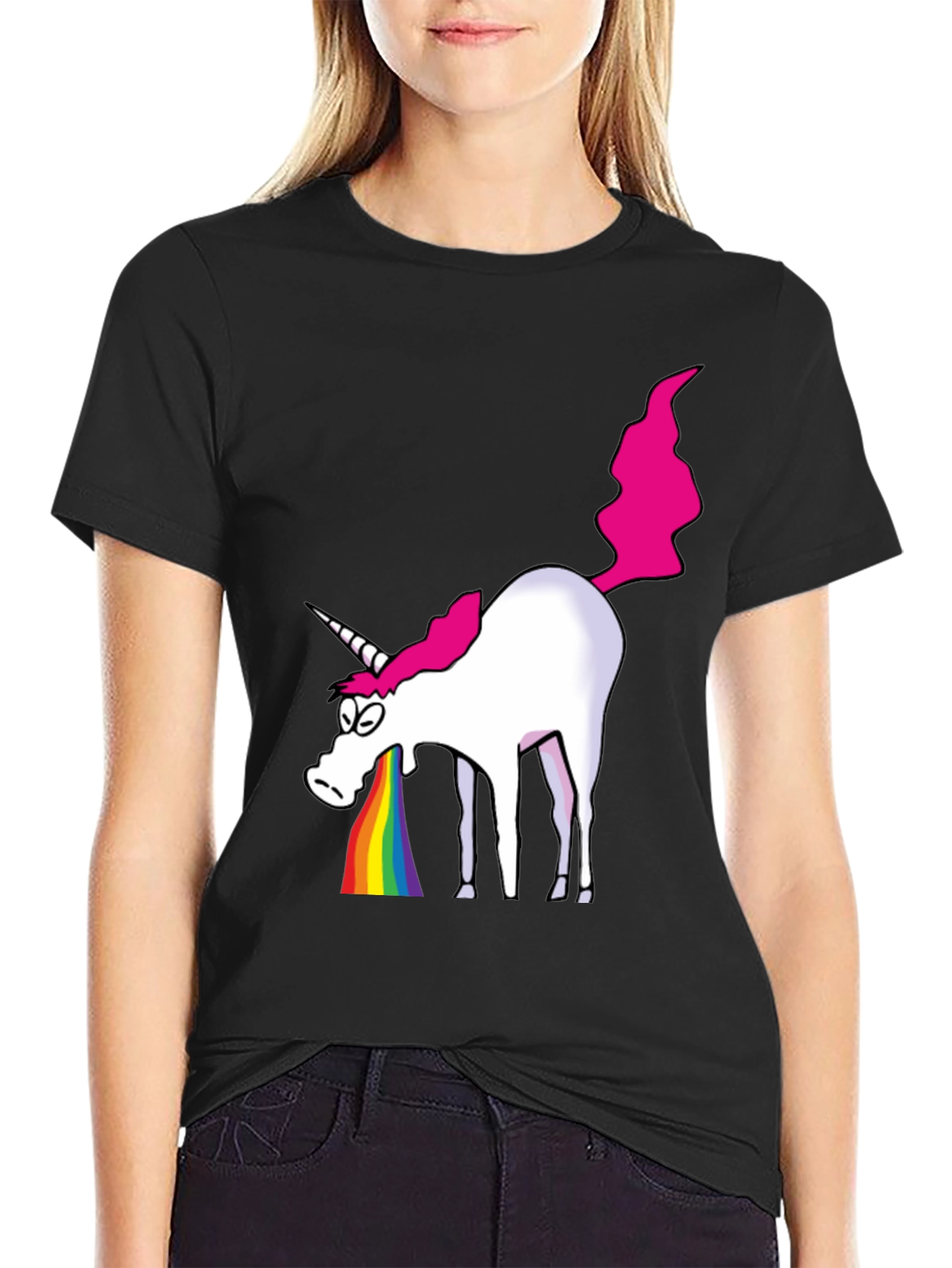 Black Unicorn Rainbow Vomit Graphic T-Shirt - Black Cotton Tee view 2