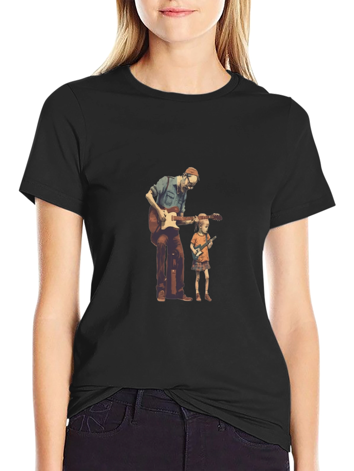 Black Guitarist Dad and Kid Black T-Shirt view 2