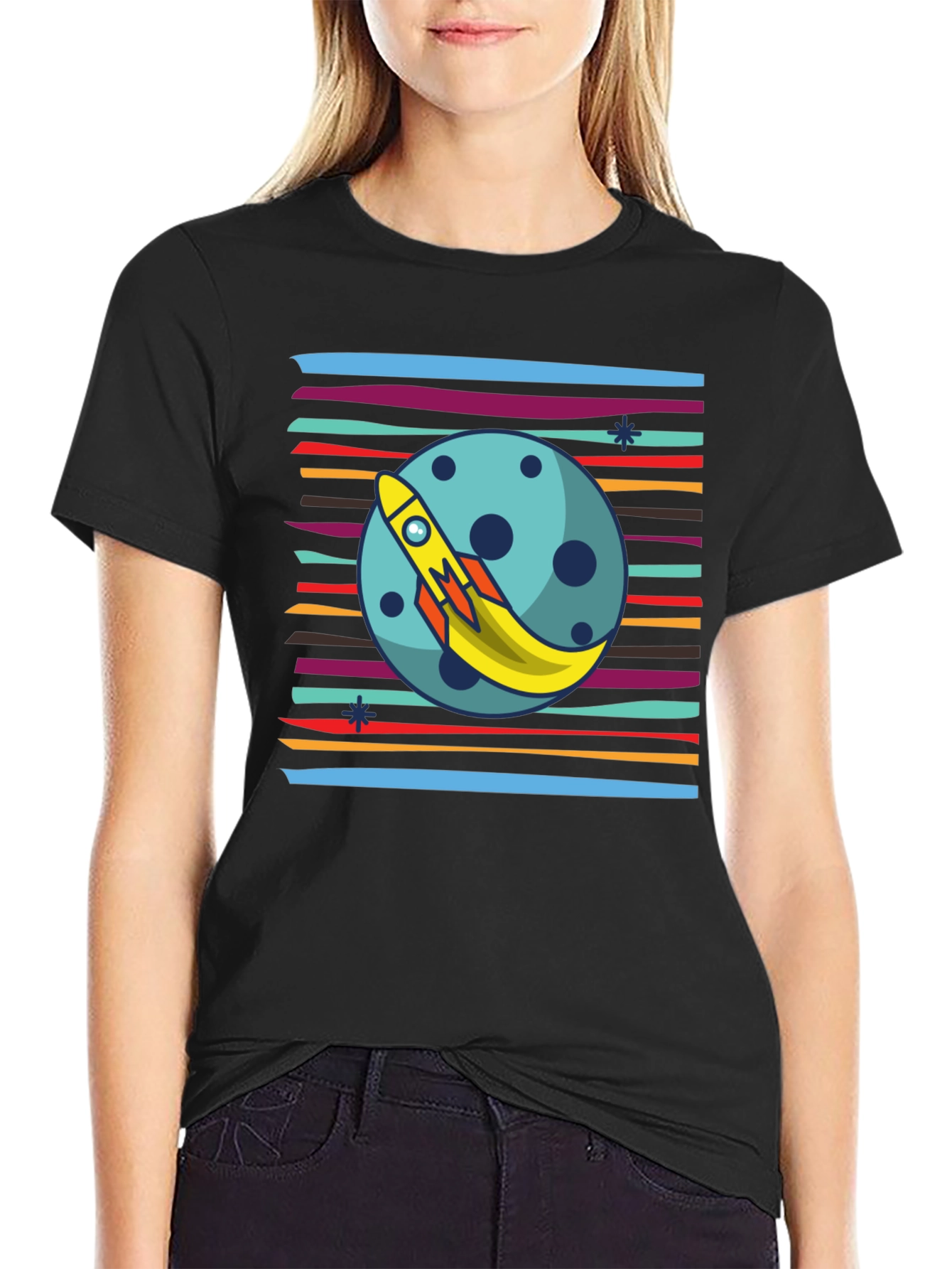 Black Retro Rocket Moon T-Shirt - Blast Off in Style! view 2