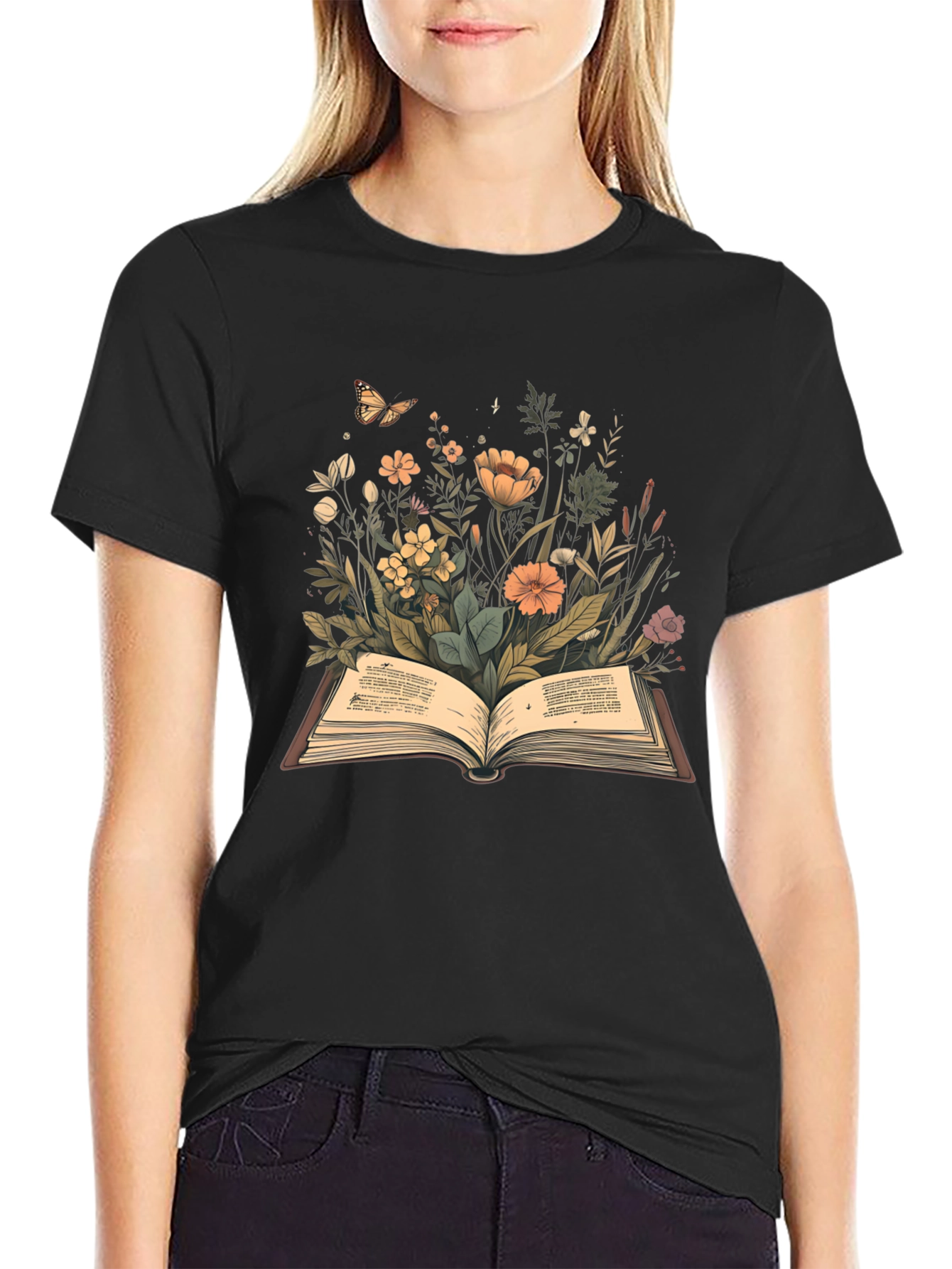 Black Floral Book T-Shirt - Nature Reader Tee view 2
