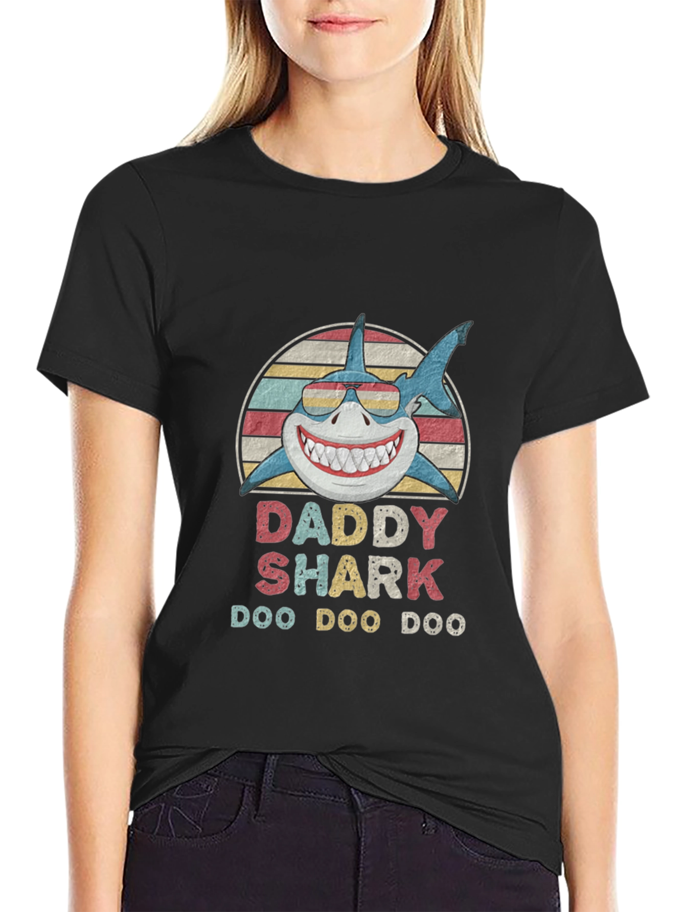 Black Daddy Shark Doo Doo Doo T-Shirt view 2