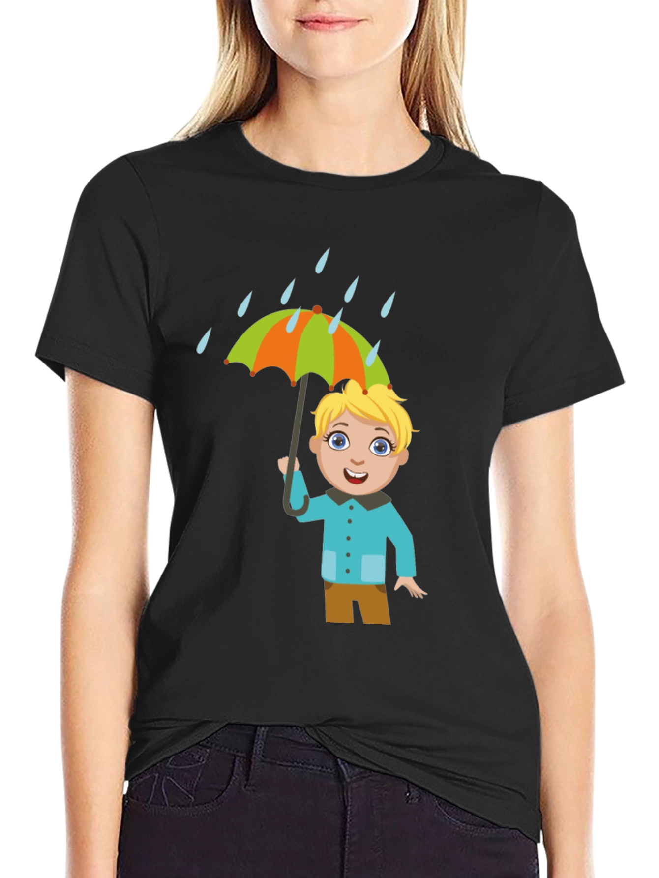 Black Cartoon Boy Umbrella Black T-Shirt view 2