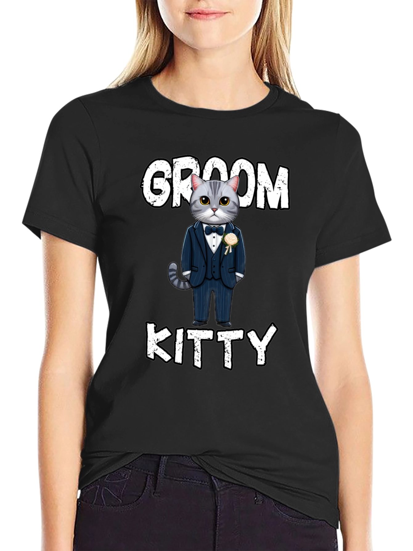 Black Groom Kitty T-Shirt - Cat Wedding Apparel view 2