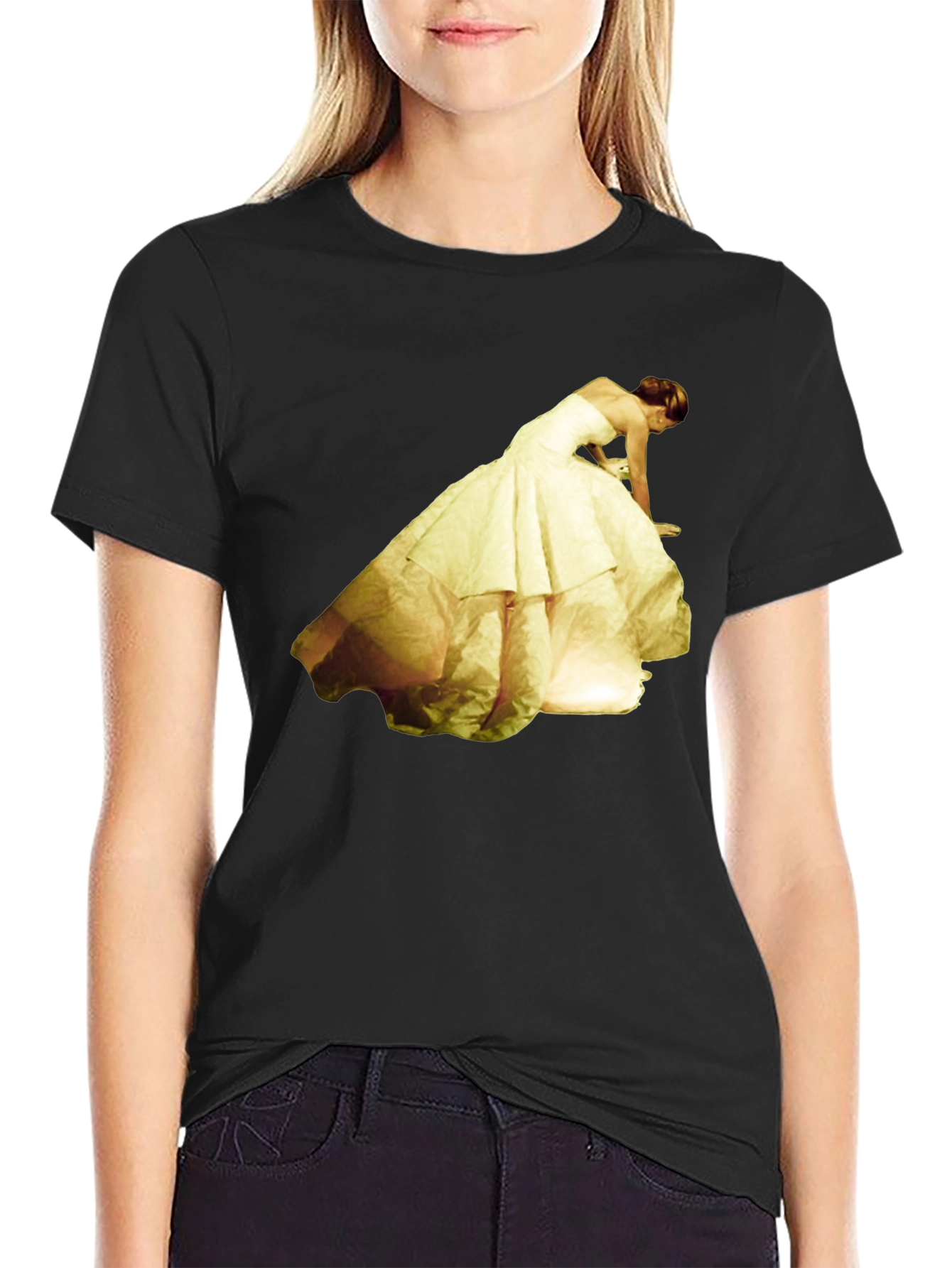 Black Black T-Shirt with Yellow Dress Graphic Tee view 2