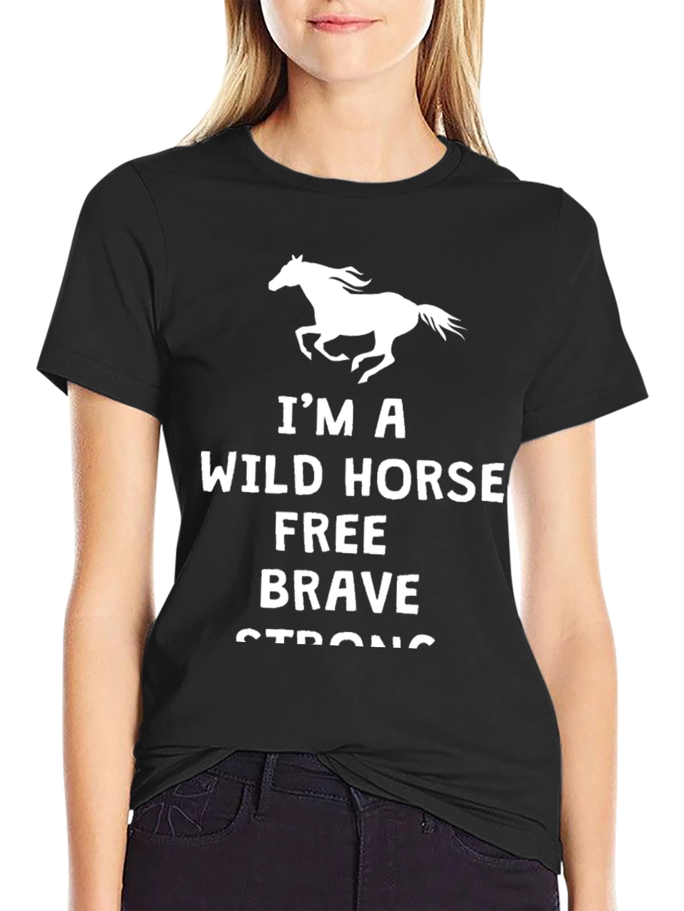 Black Wild Horse Tee: Free, Brave, Strong T-Shirt view 2
