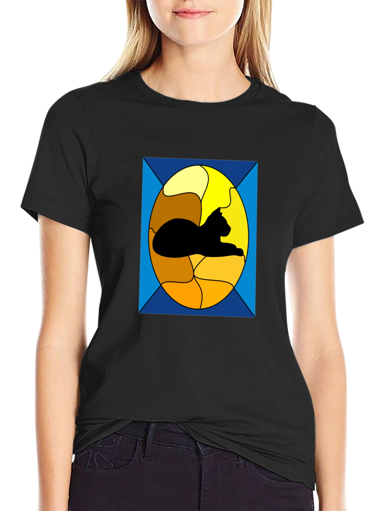Black Stained Glass Cat Graphic Tee - Black Casual T-Shirt view 2