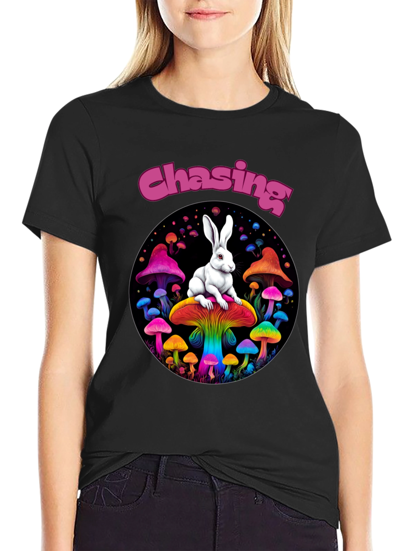Black Chasing Rabbit Mushroom Graphic Tee view 2
