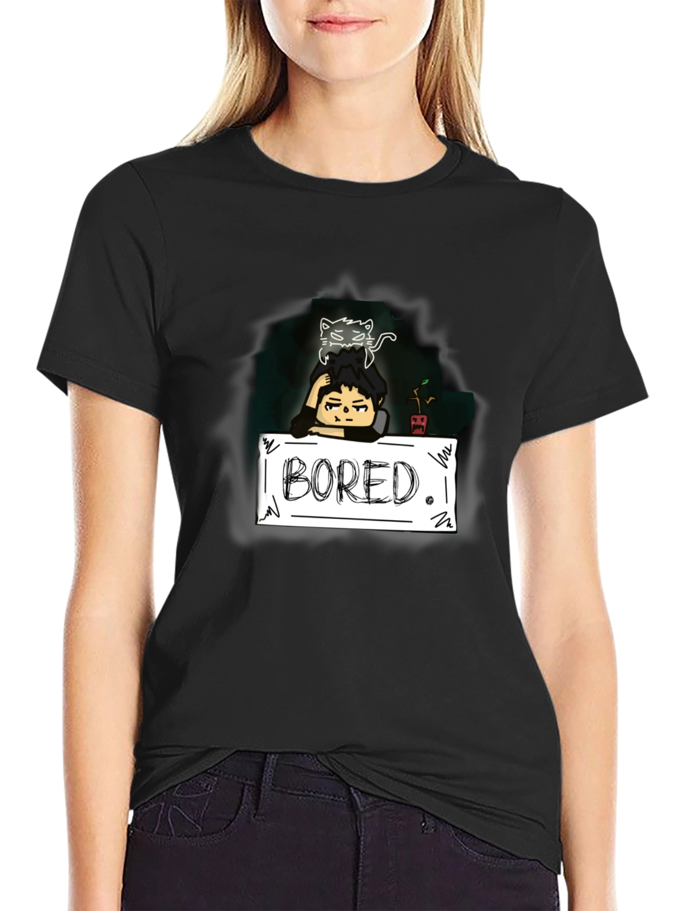 Black Bored Cat Graphic Tee - Black Cotton T-Shirt view 2