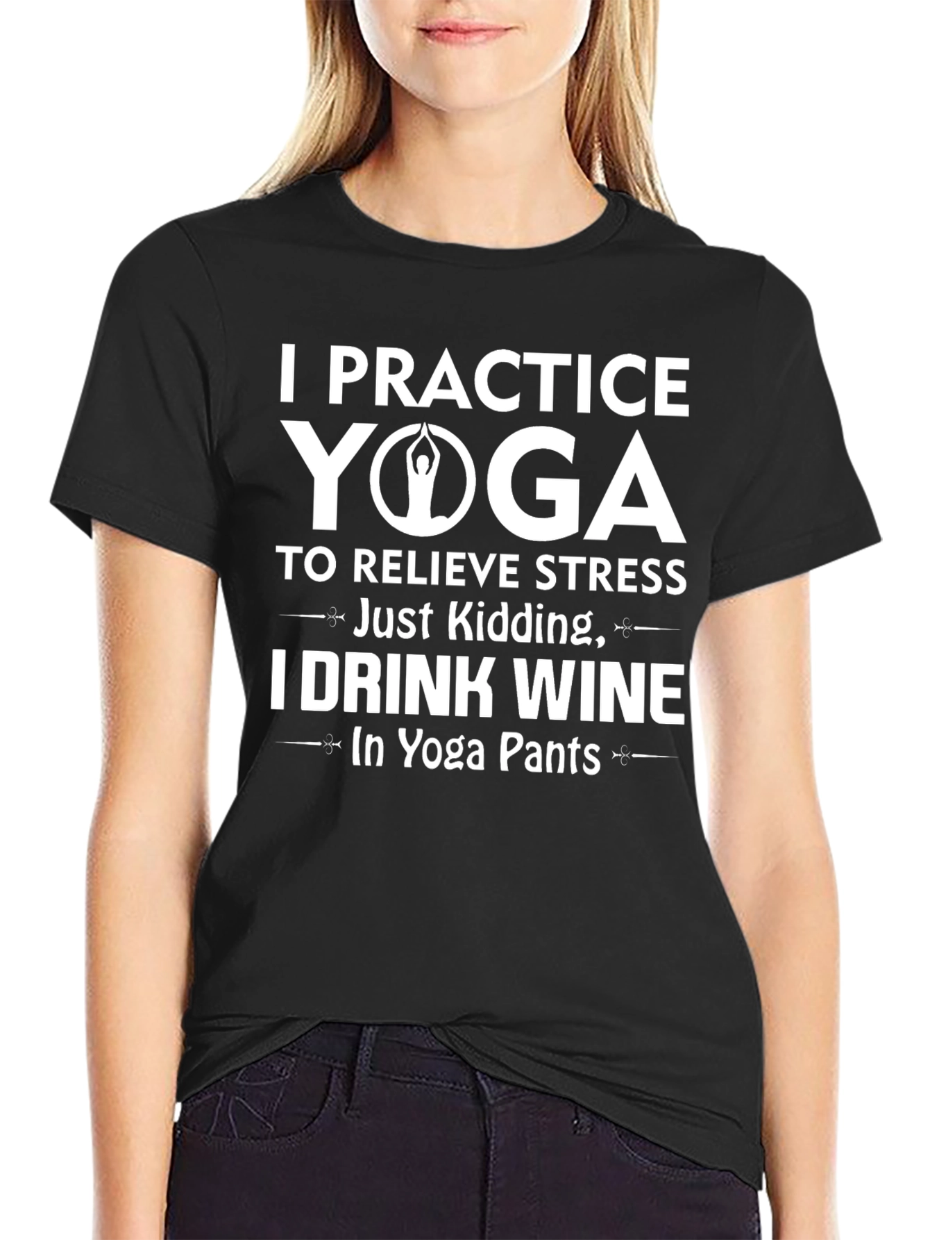 Black Funny Yoga and Wine T-Shirt, Yoga Pants Tee view 2