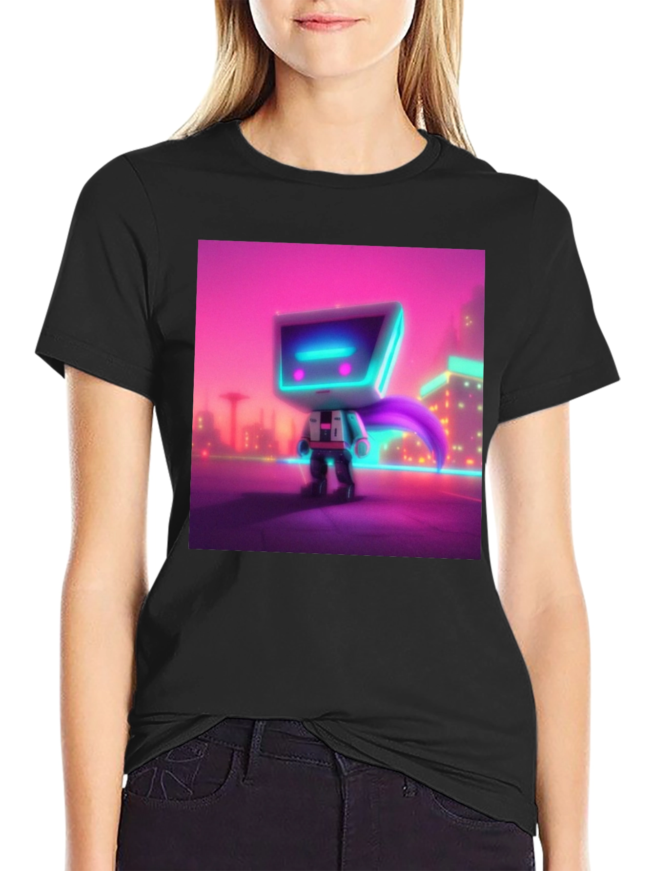 Black Cyberpunk Robot T-Shirt - Neon City Hero view 2