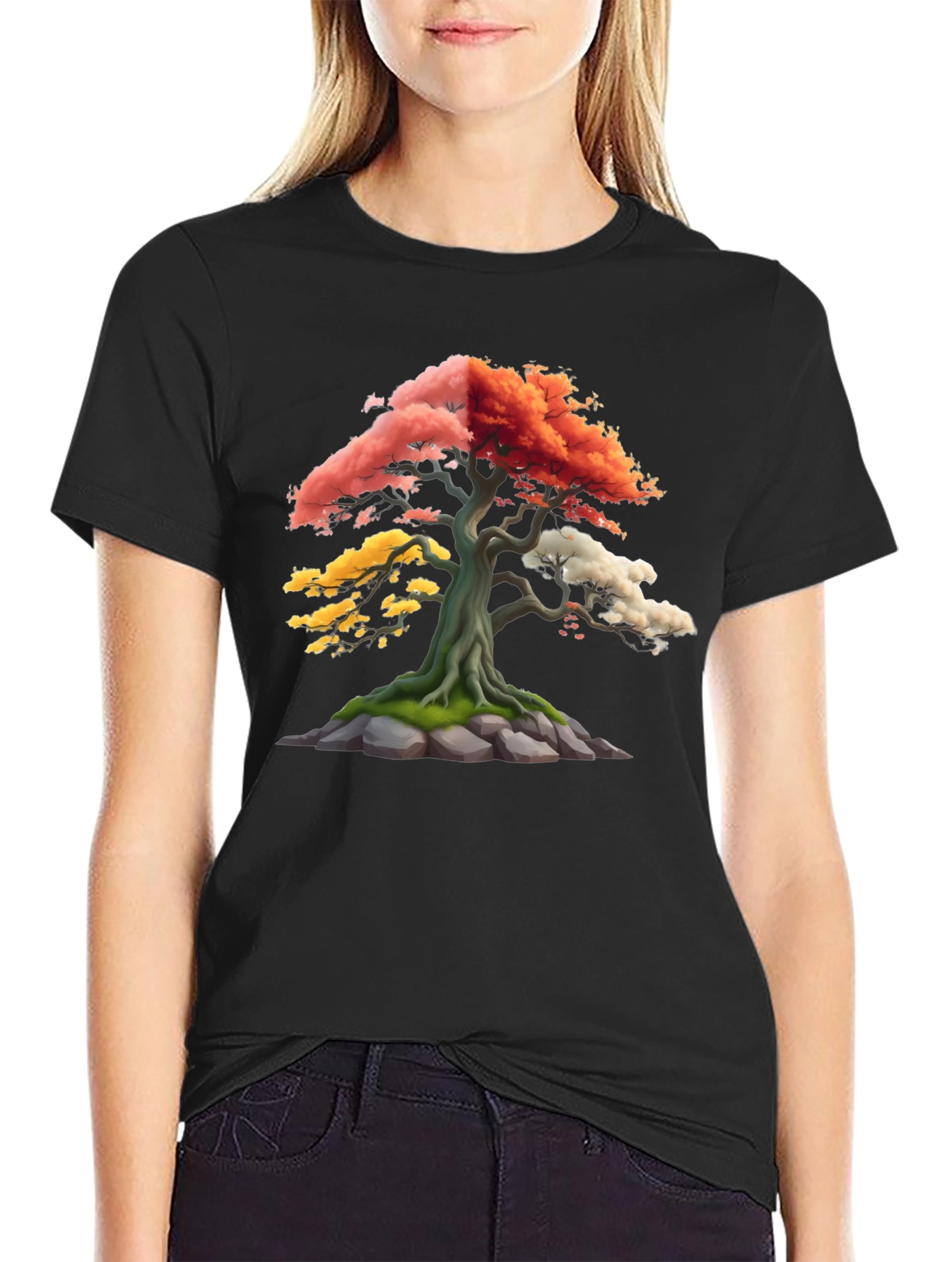 Black Colorful Bonsai Tree Graphic T-Shirt view 2