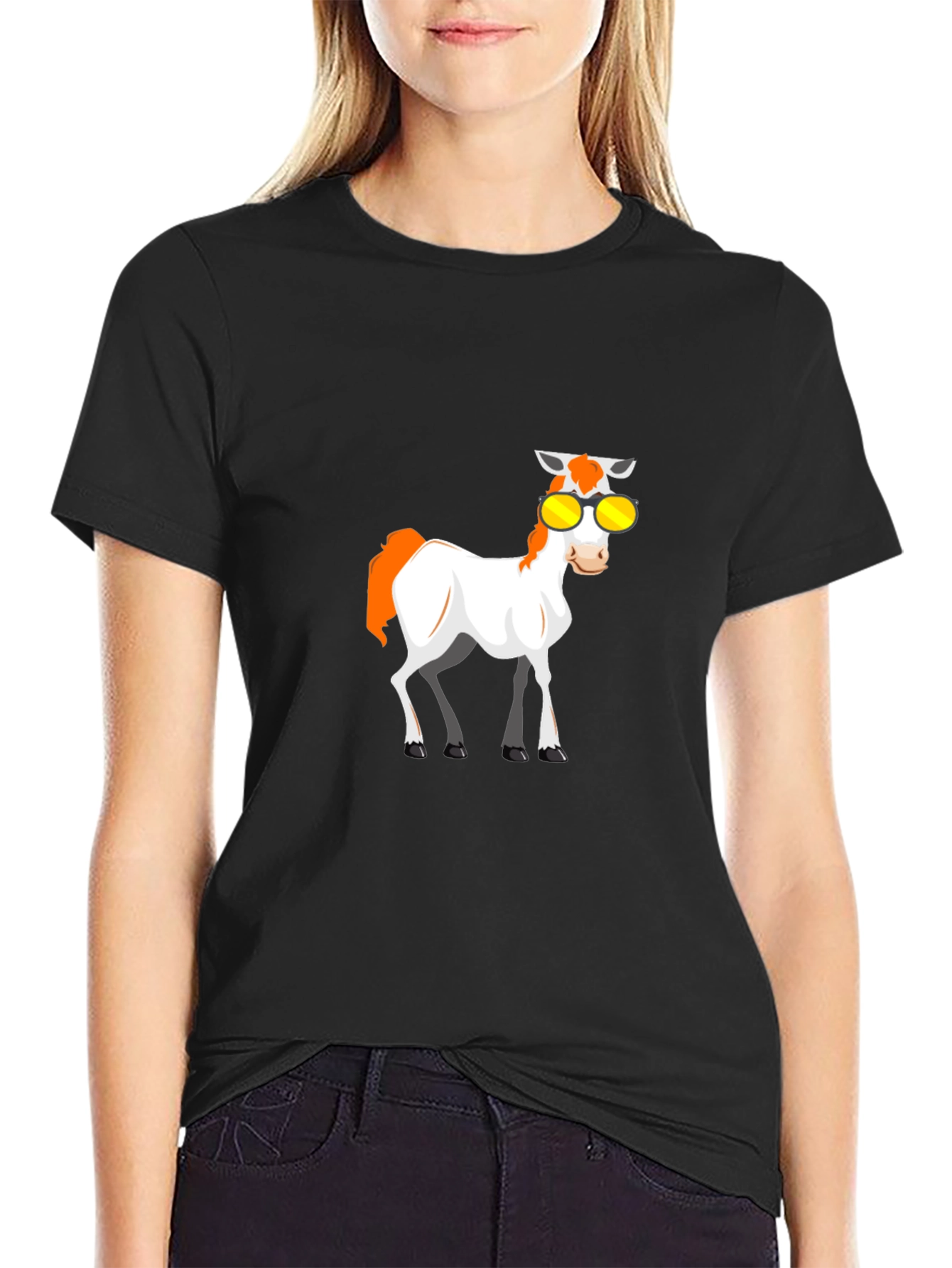 Black Cool Cartoon Horse Graphic Tee view 2