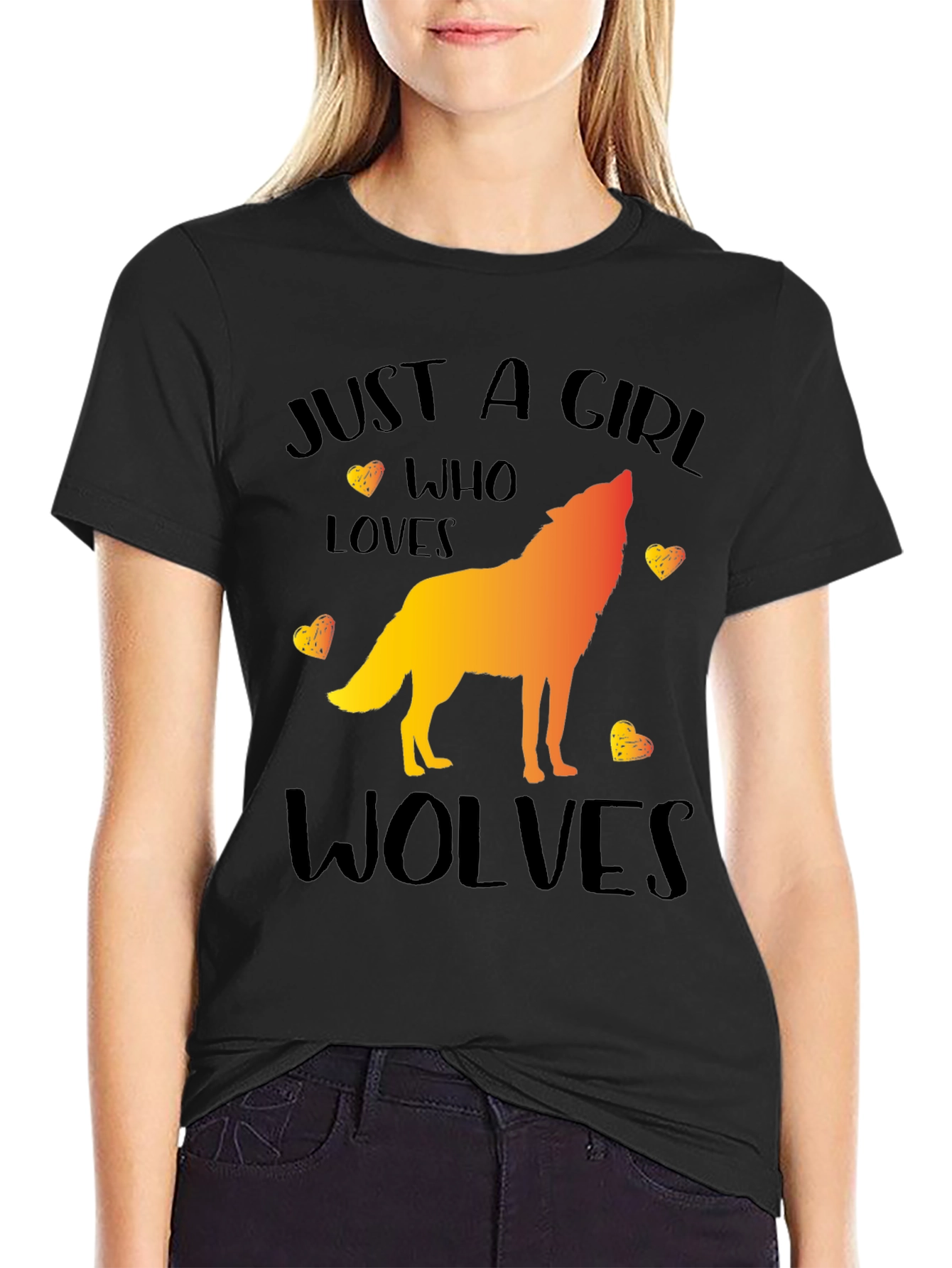 Black Just a Girl Who Loves Wolves Graphic T-Shirt view 2
