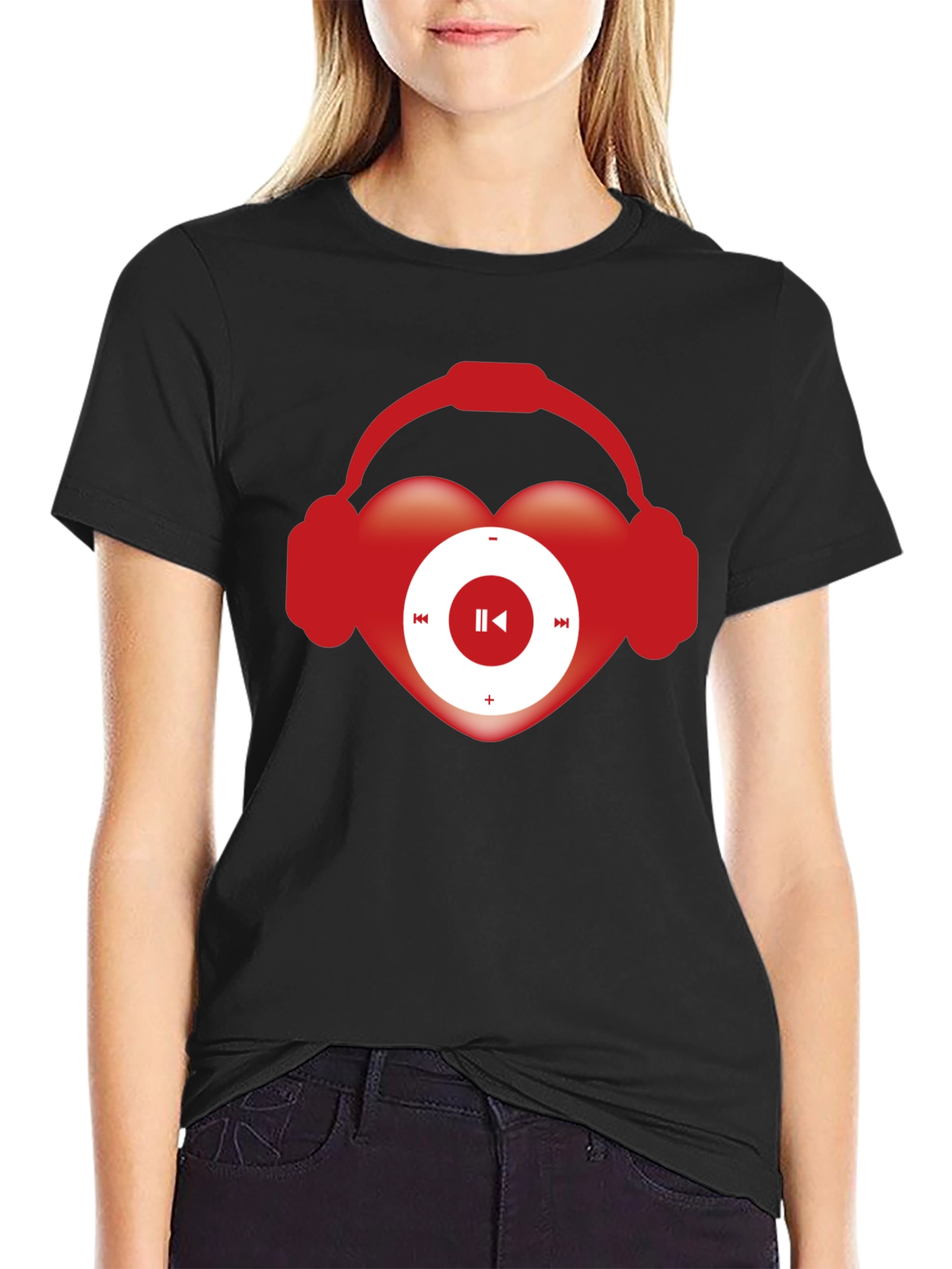 Black Music Lover T-Shirt Heart Headphones Audio Player view 2