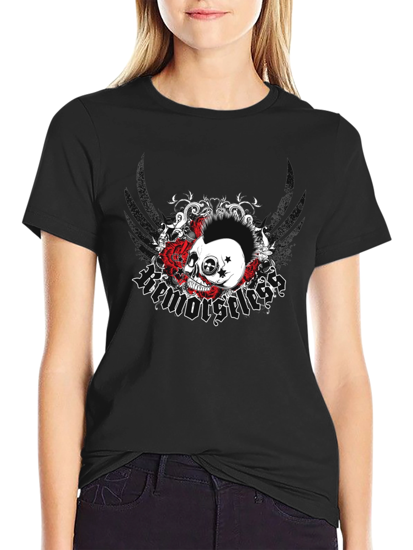 Black Skull & Roses Graphic Tee - Rock Style Shirt view 2