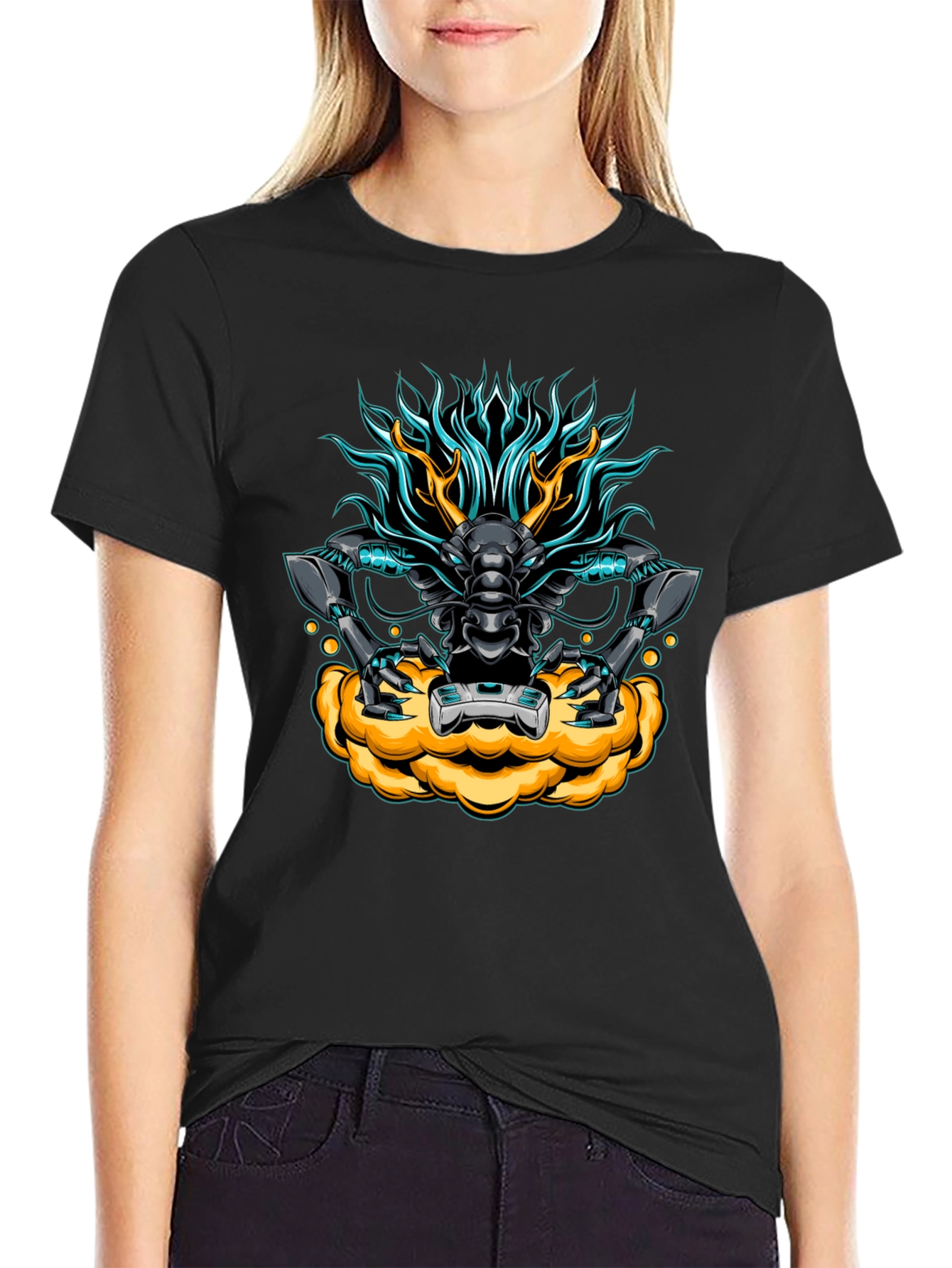 Black Cyberpunk Dragon Graphic Tee - Black view 2