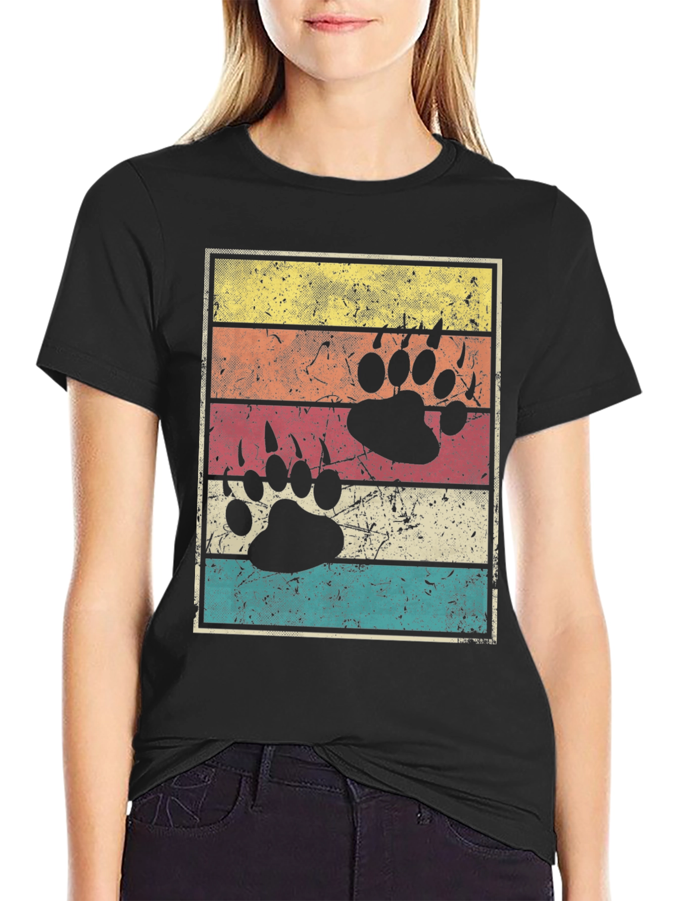 Black Retro Bear Paw Print T-Shirt view 2