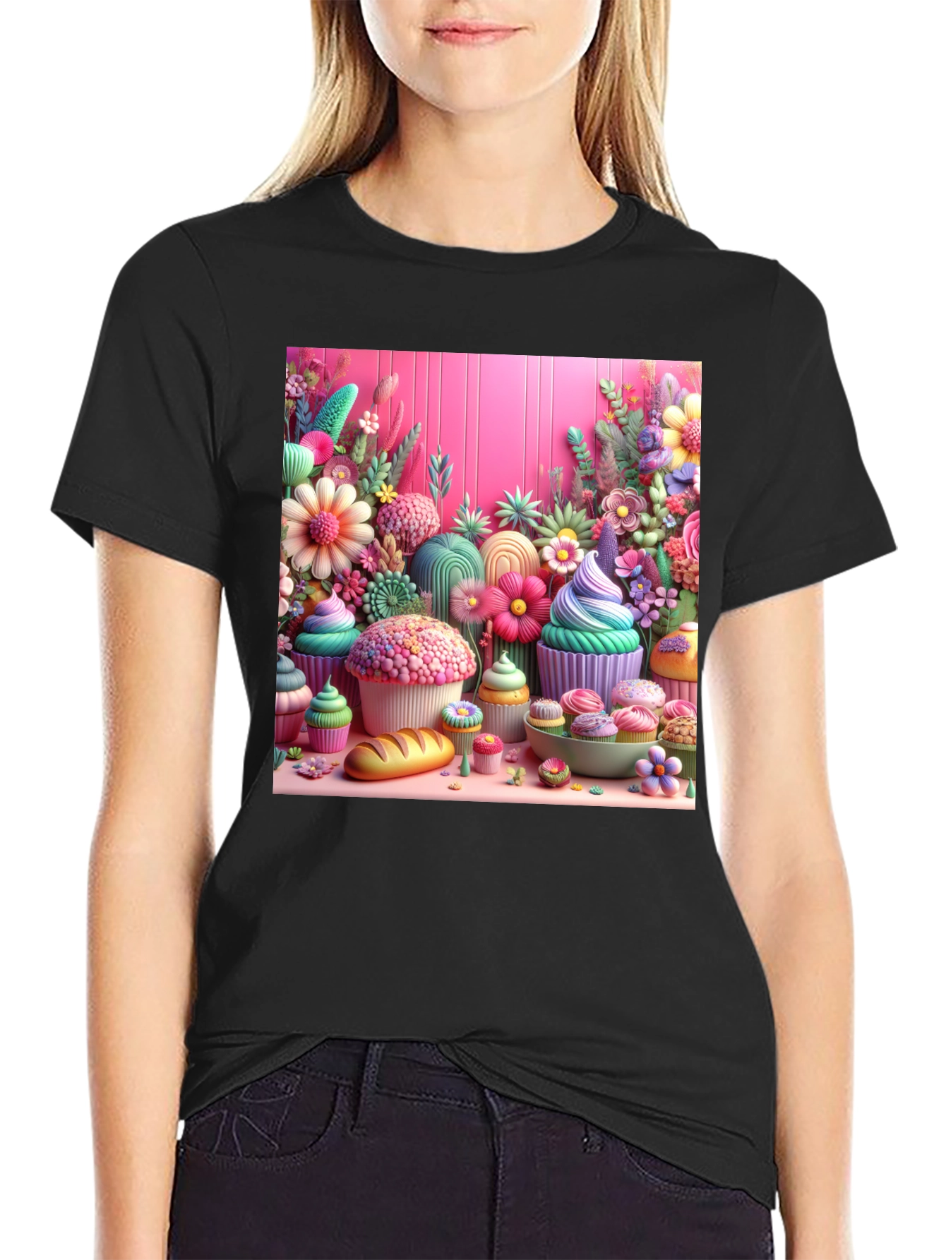 Black Sweet Treat Floral Cupcake T-Shirt view 2