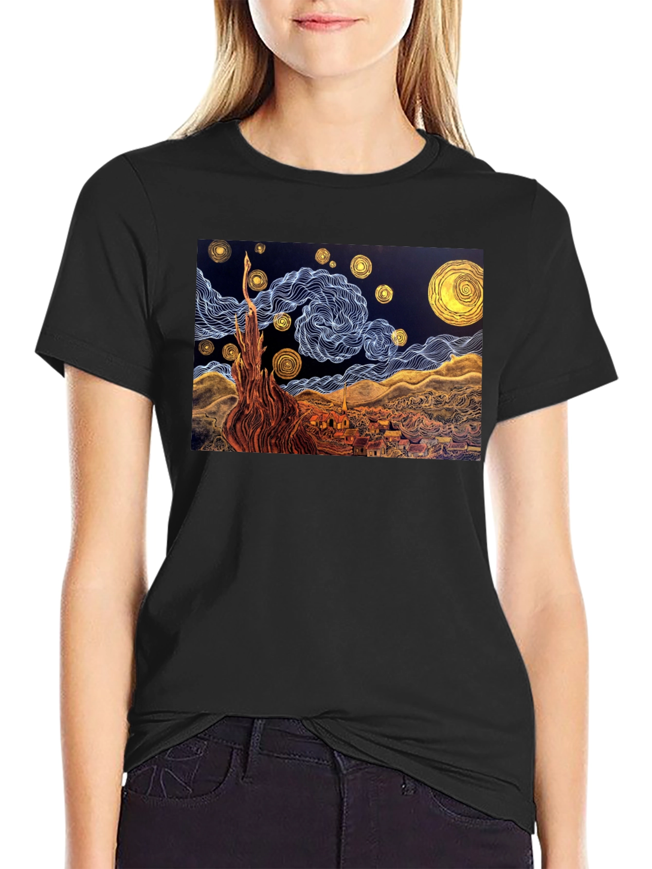 Black Starry Night Art T-Shirt view 2