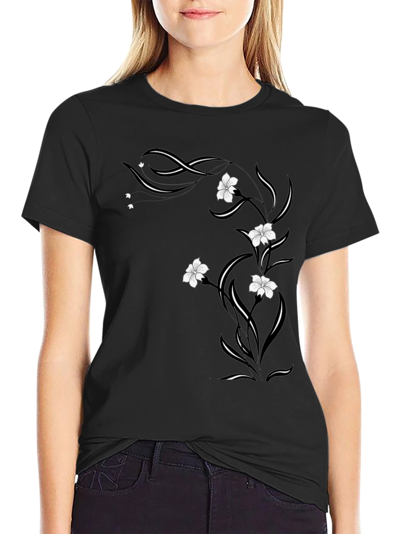 Black Floral Vine Graphic Tee - Black Cotton Blend view 2