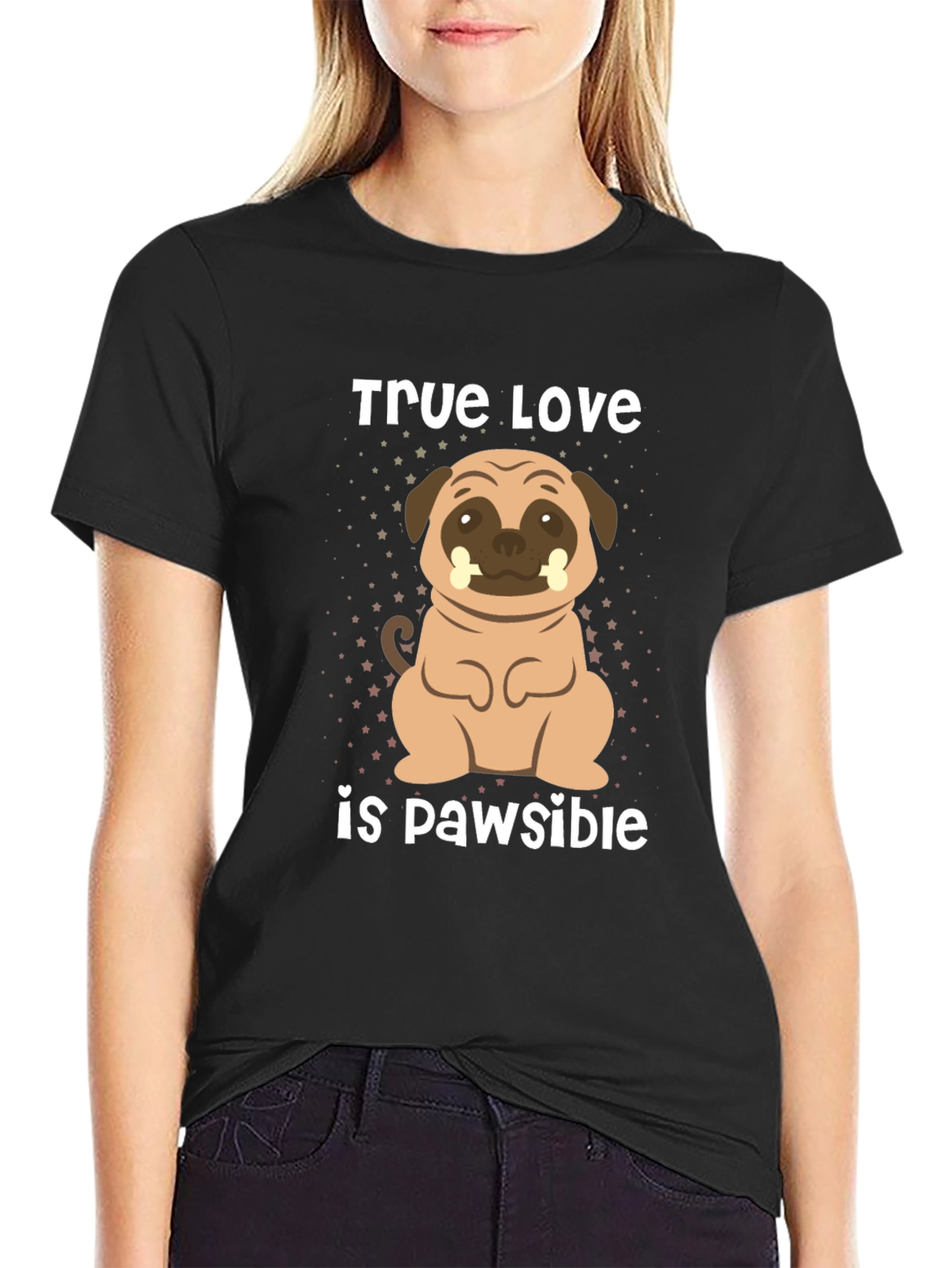Black True Love is Pawsible Pug T-Shirt view 2