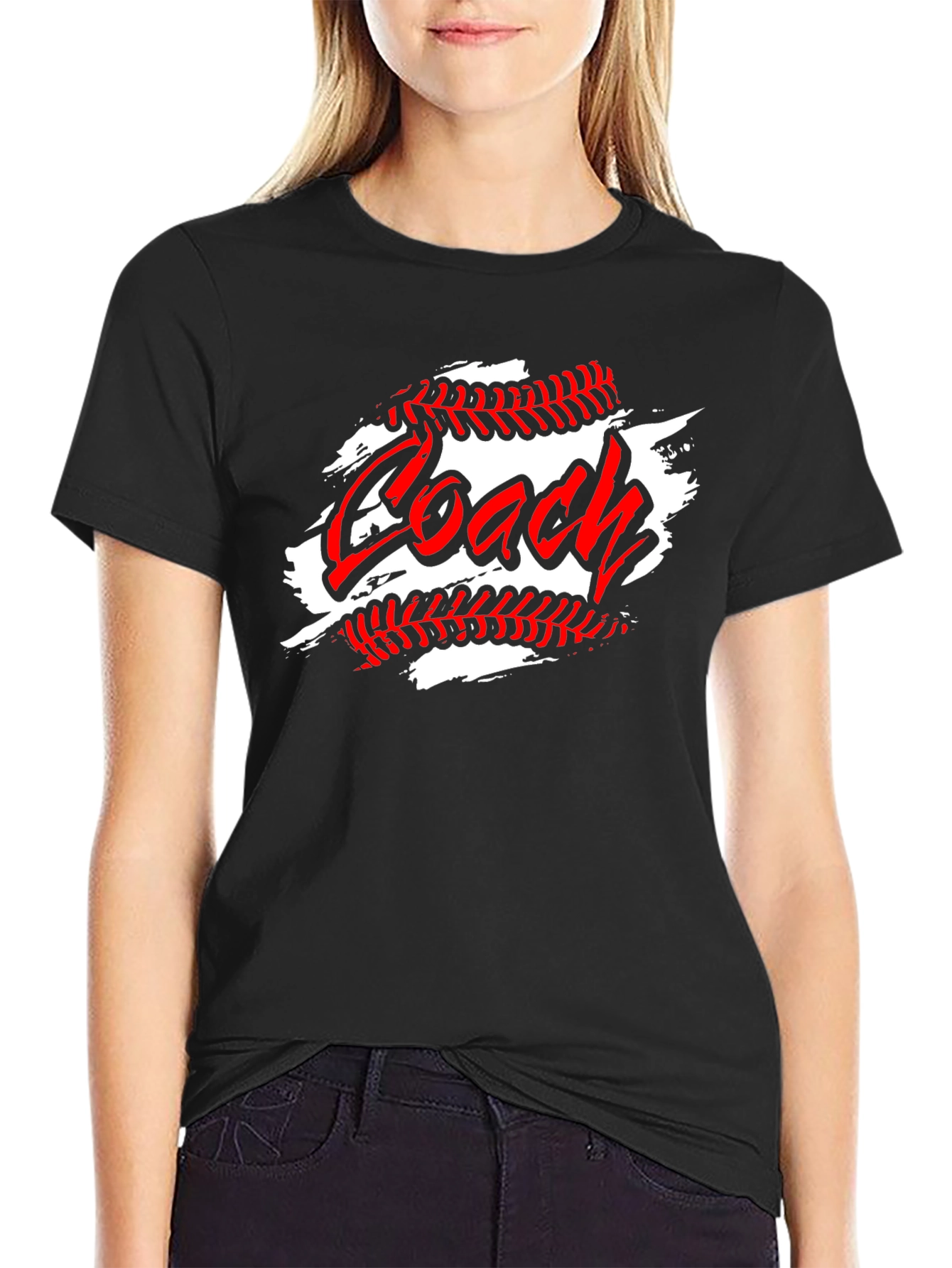 Black Baseball Coach T-Shirt - Sporty Crew Neck Tee view 2