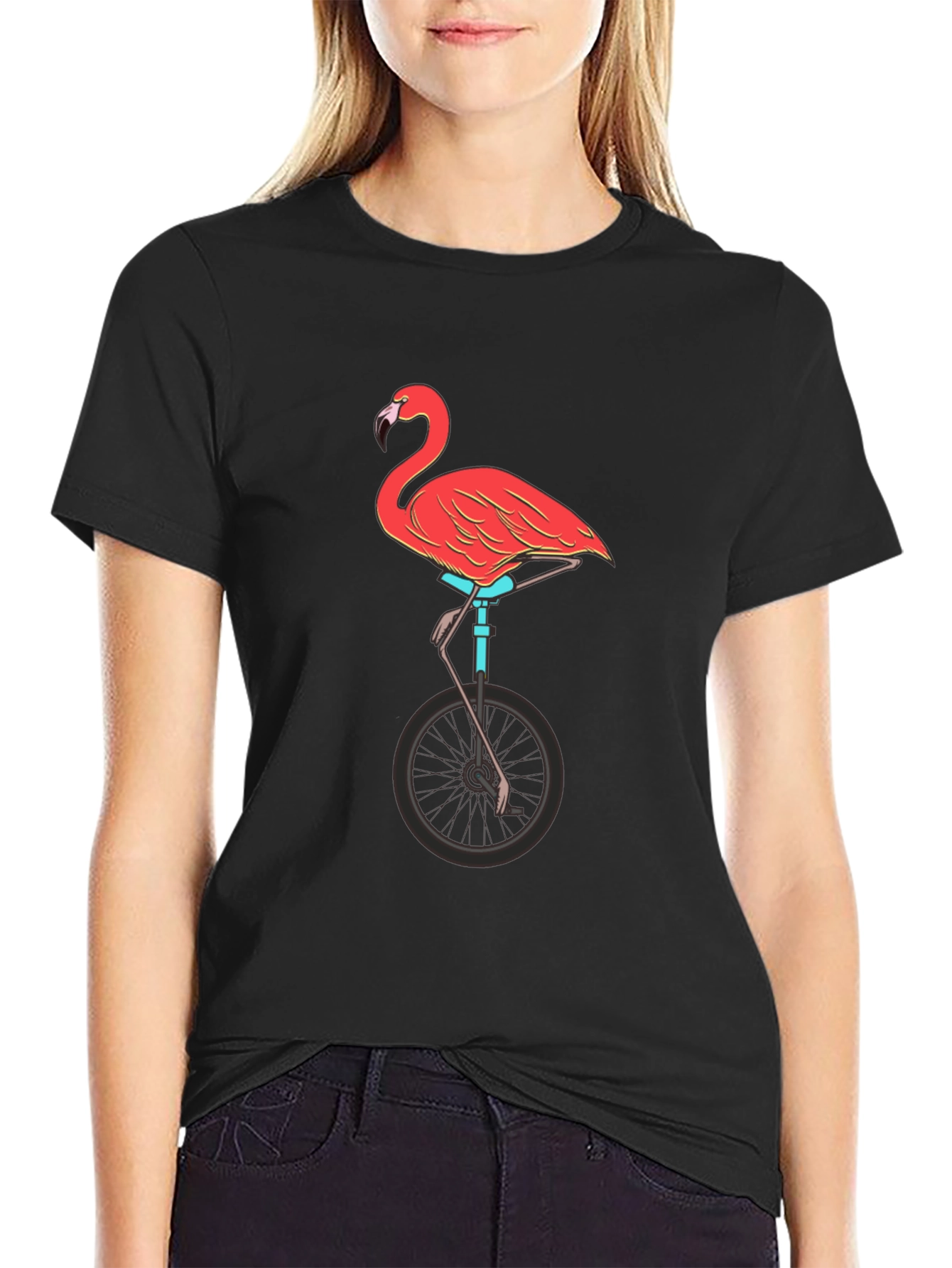 Black Flamingo on Unicycle Graphic Tee - Funky Unisex T-Shirt view 2